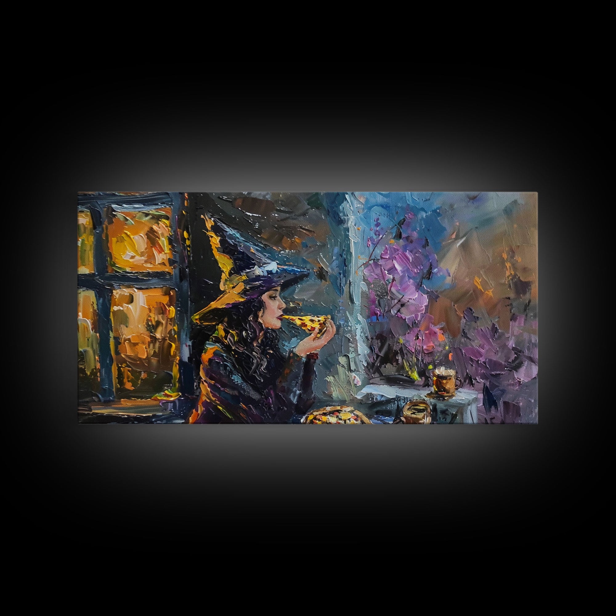 Time For Some Pizza, Witch Havin' a slice of Pizza, Framed Canvas Print, Funny Halloween Art