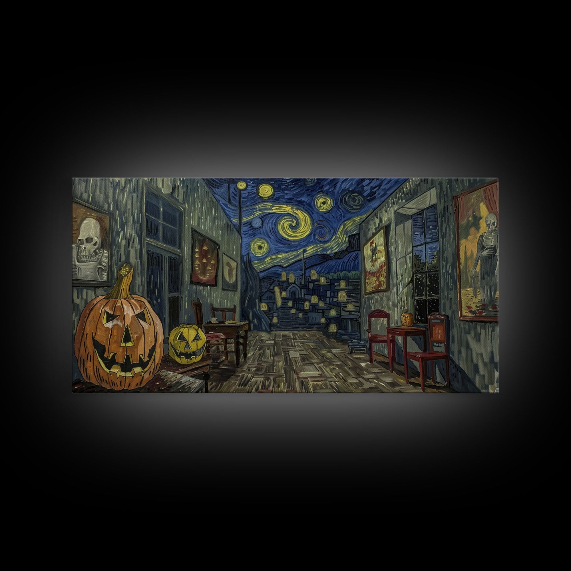 Starry Night Inspired Halloween Decor, Framed Canvas Print, Haunted Grave Yard