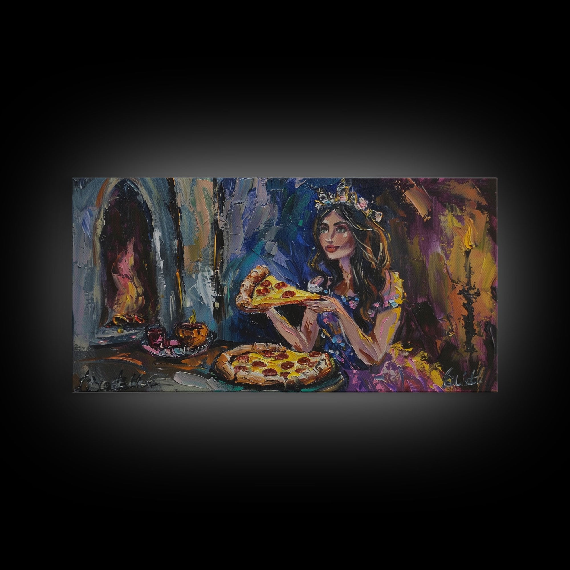 The Princess and the Pizza, Framed Canvas Print, Funny Decor, Funny Art