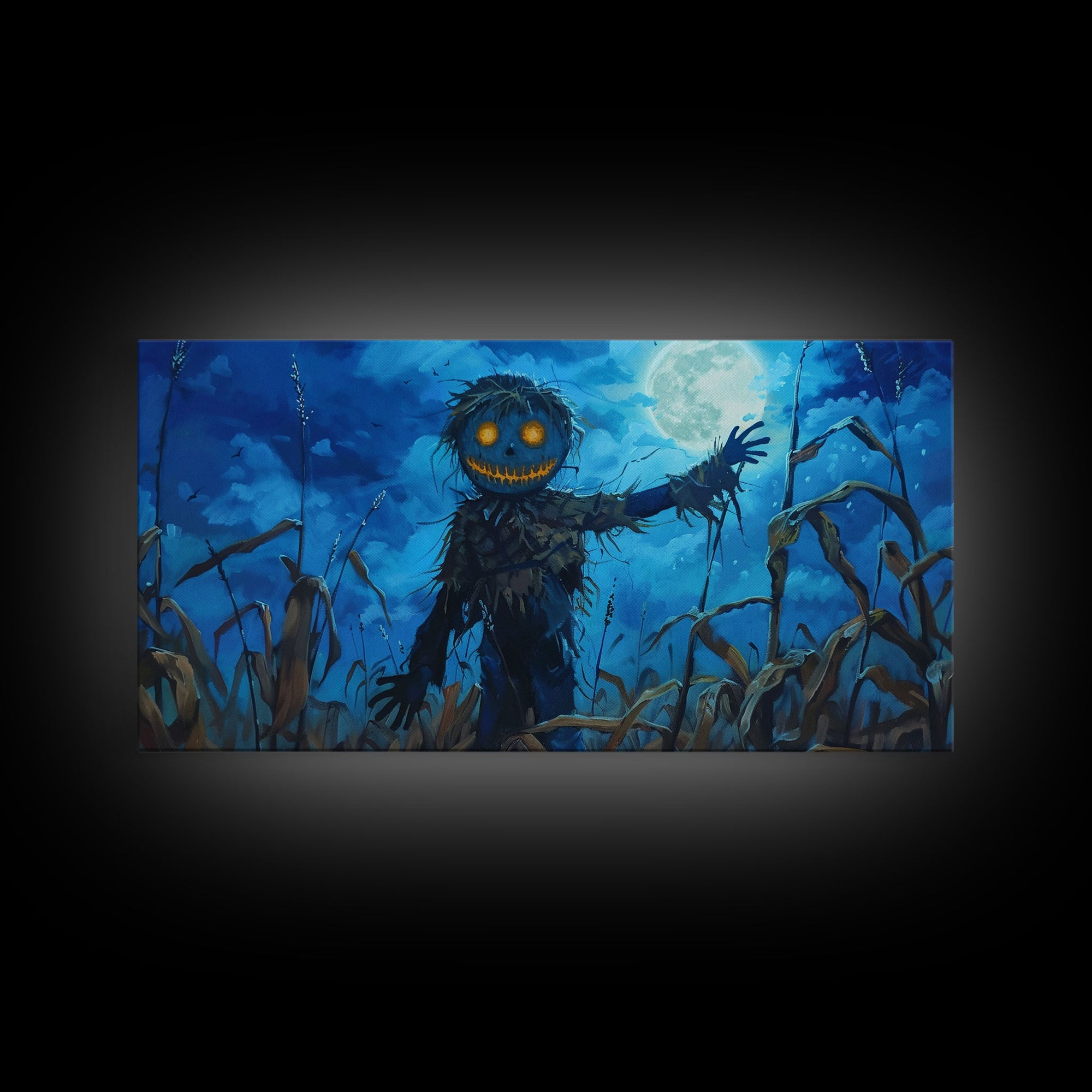 Spooky Jack O' Lantern Scarecrow, Framed Canvas Print, Dark Academia, Halloween Decor, Spooky Season Wall Art