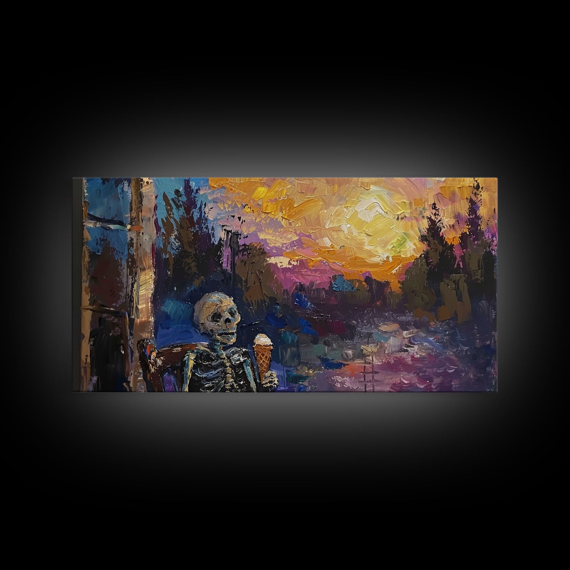 Spooky Skeleton having an ice cream cone at sunset, framed canvas print, funny halloween decor, halloween art