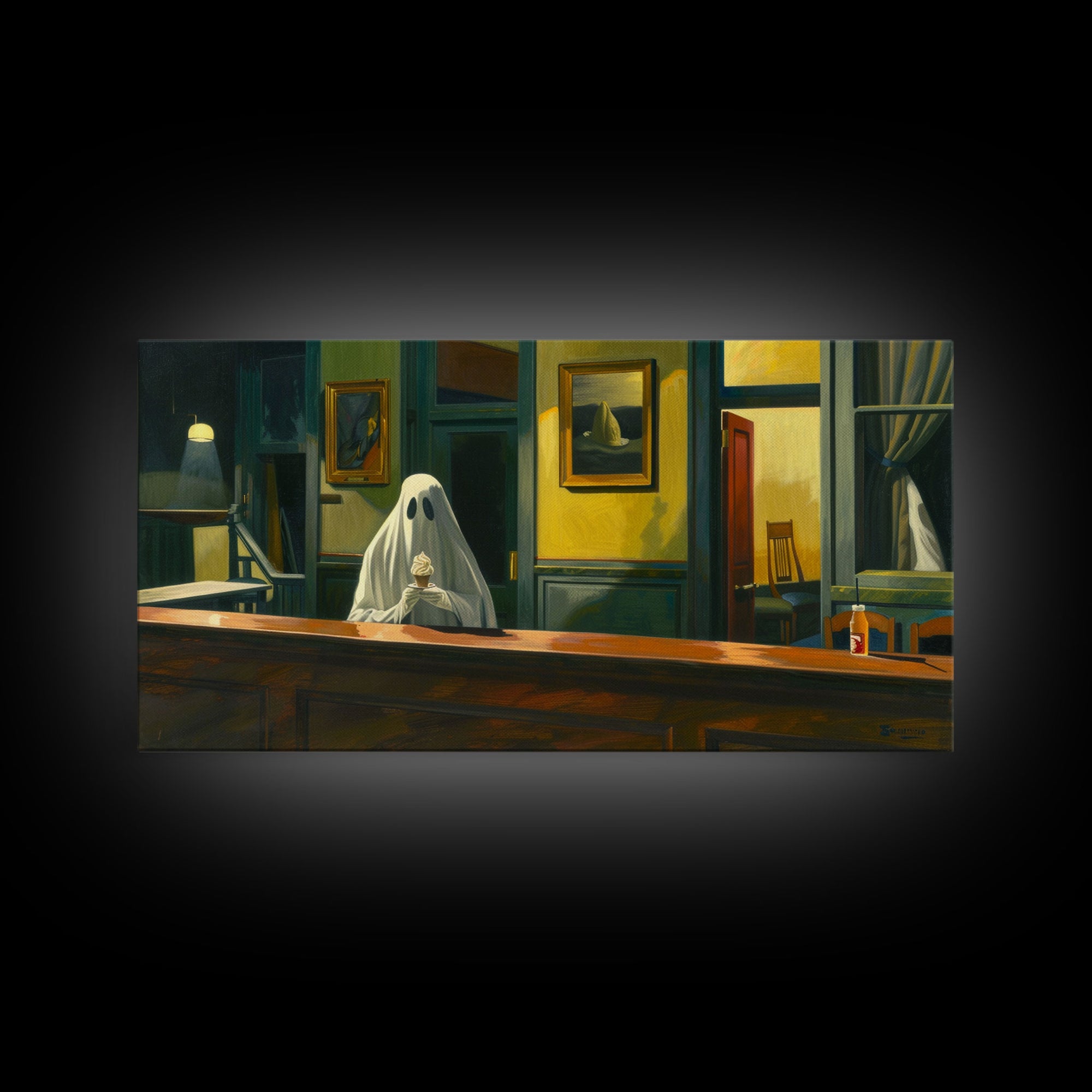 The Haunted Diner, Ghost Having an ice cream cone, Funny Halloween Art Framed Canvas Print