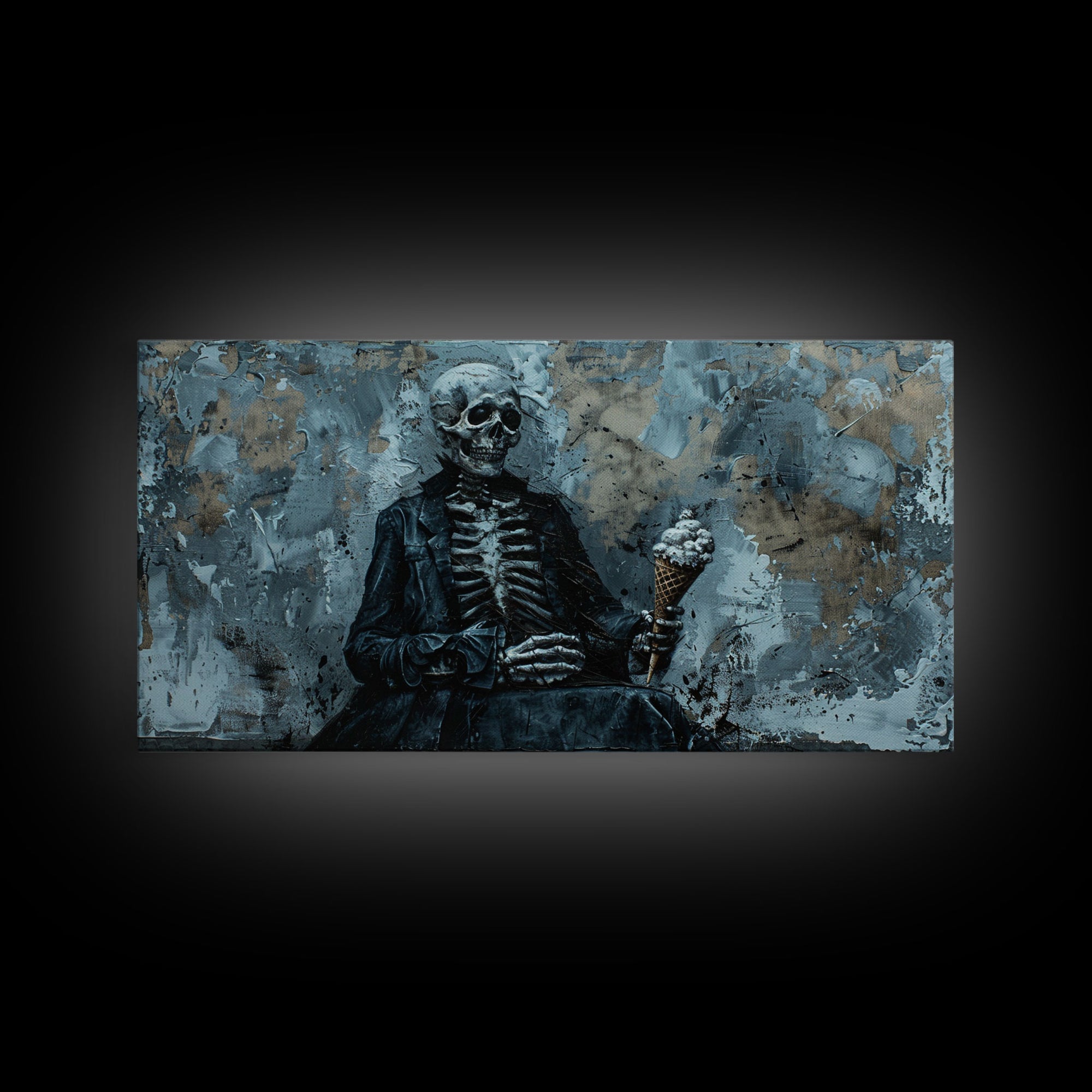 Skeleton Having an Ice Cream Cone, Macabre Wall Art, Framed Canvas Print, Spooky Halloween Art