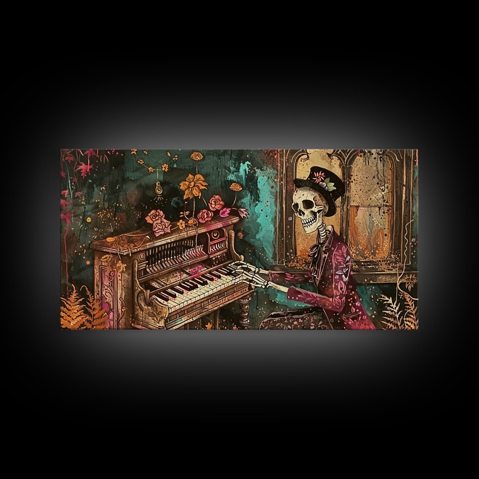 Skeleton Playing The Piano, Framed Canvas Print, Halloween Decor, Spooky Month Home Decor