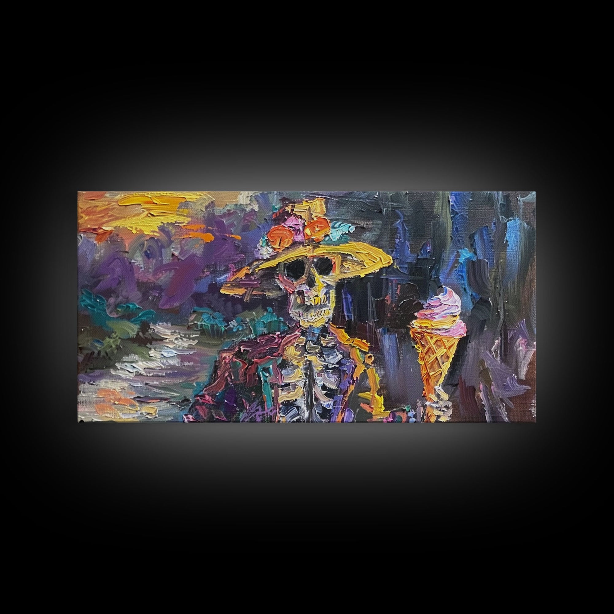 Skeleton In A Flower Hat Having an Ice Cream, Framed Canvas Print, funny Halloween Wall Art