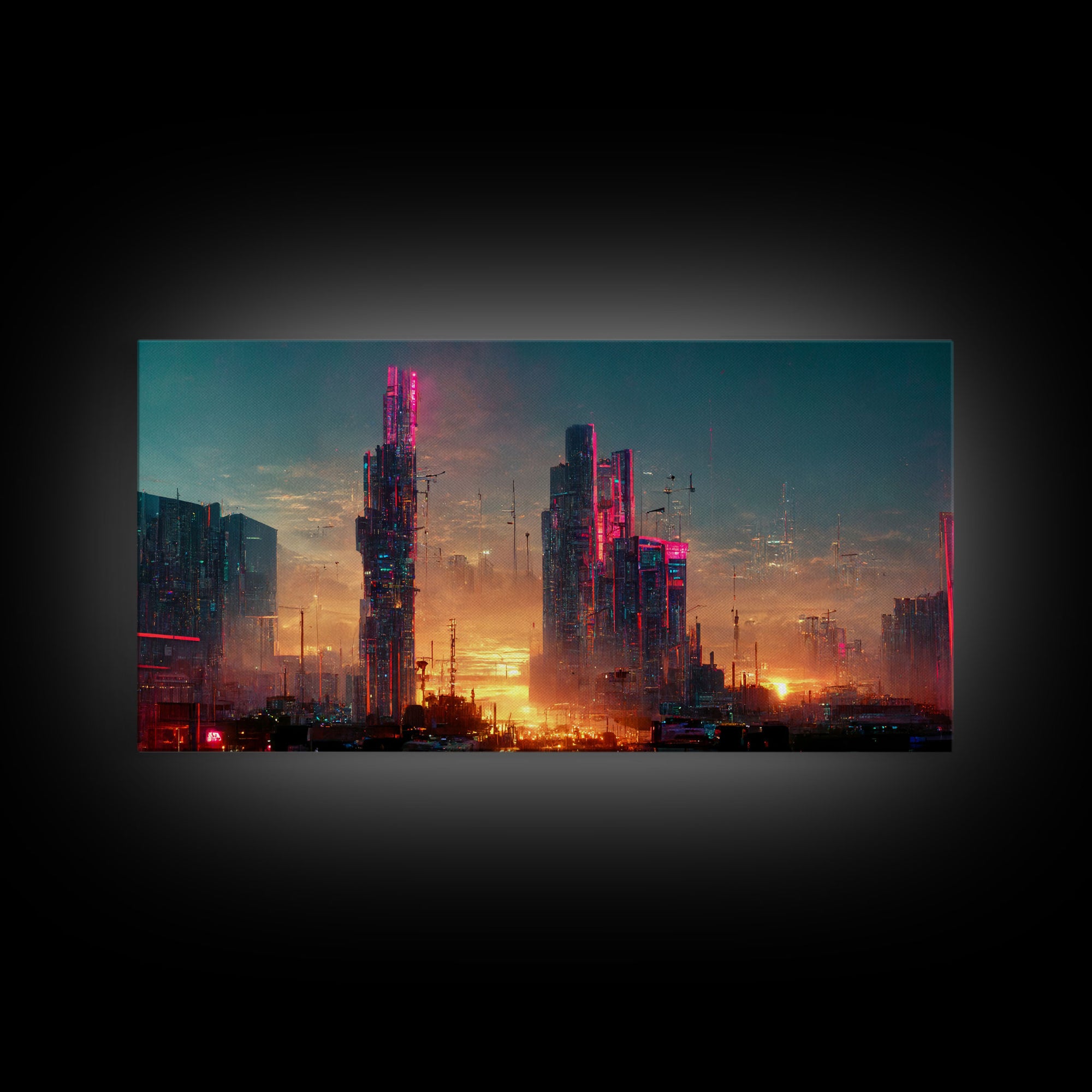 Cyberpunk city canvas, video game concept art, living room wall art, dystopian art, outrun style city at sunset, man cave art canvas print