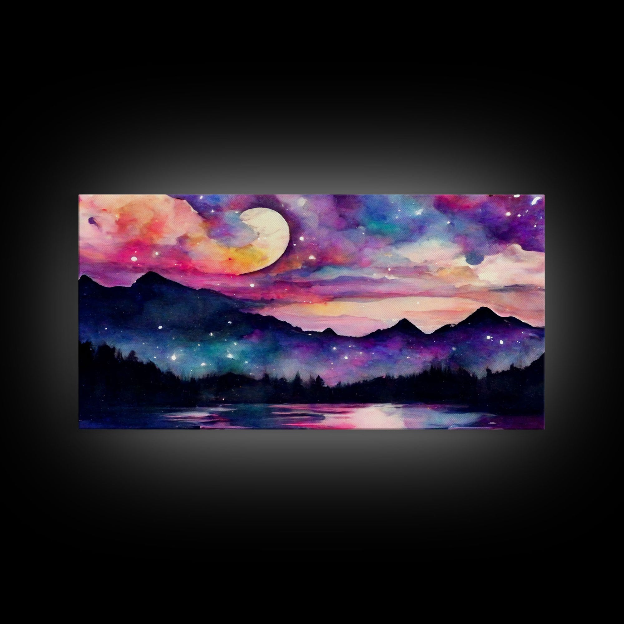 Magical forest canvas print, lake forest & mountains, beautiful wall art for living room, pink and purple wall art