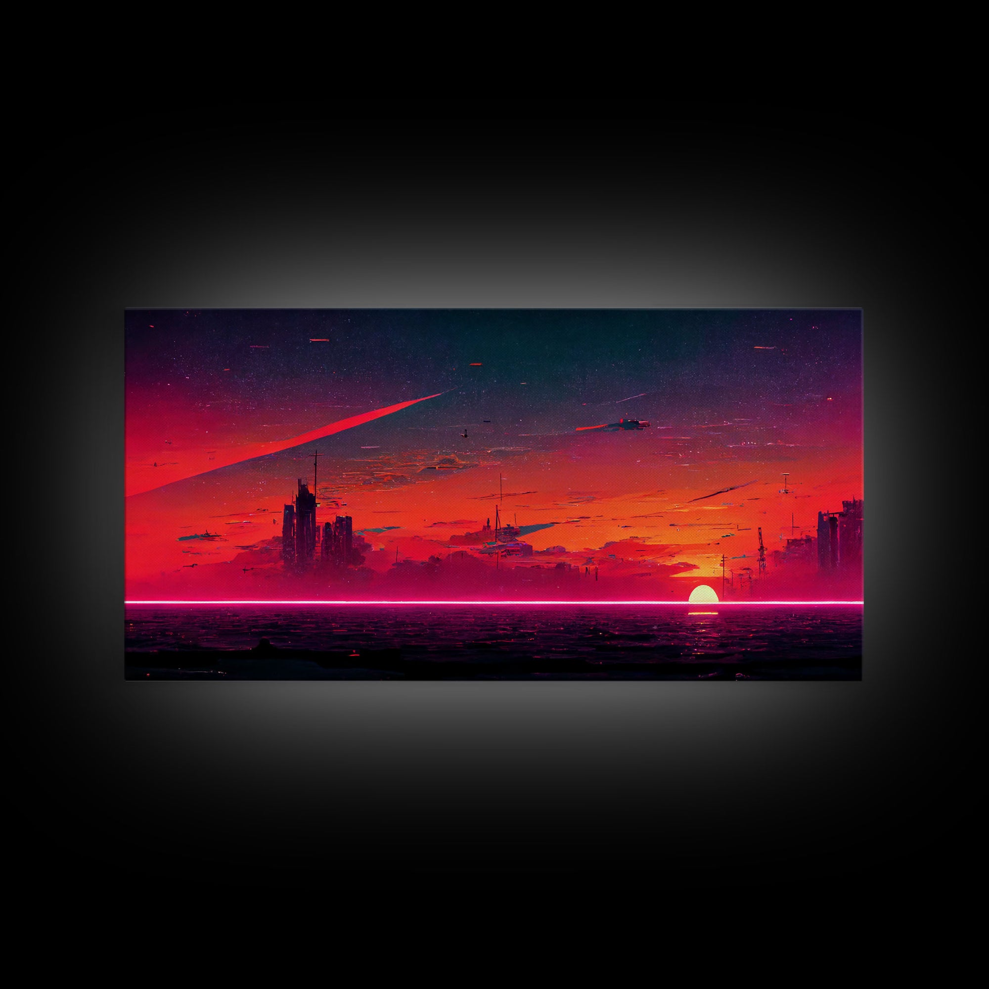 Cyberpunk lake art, city canvas, video game concept art, living room wall art, dystopian art, outrun city at sunset, man cave canvas print