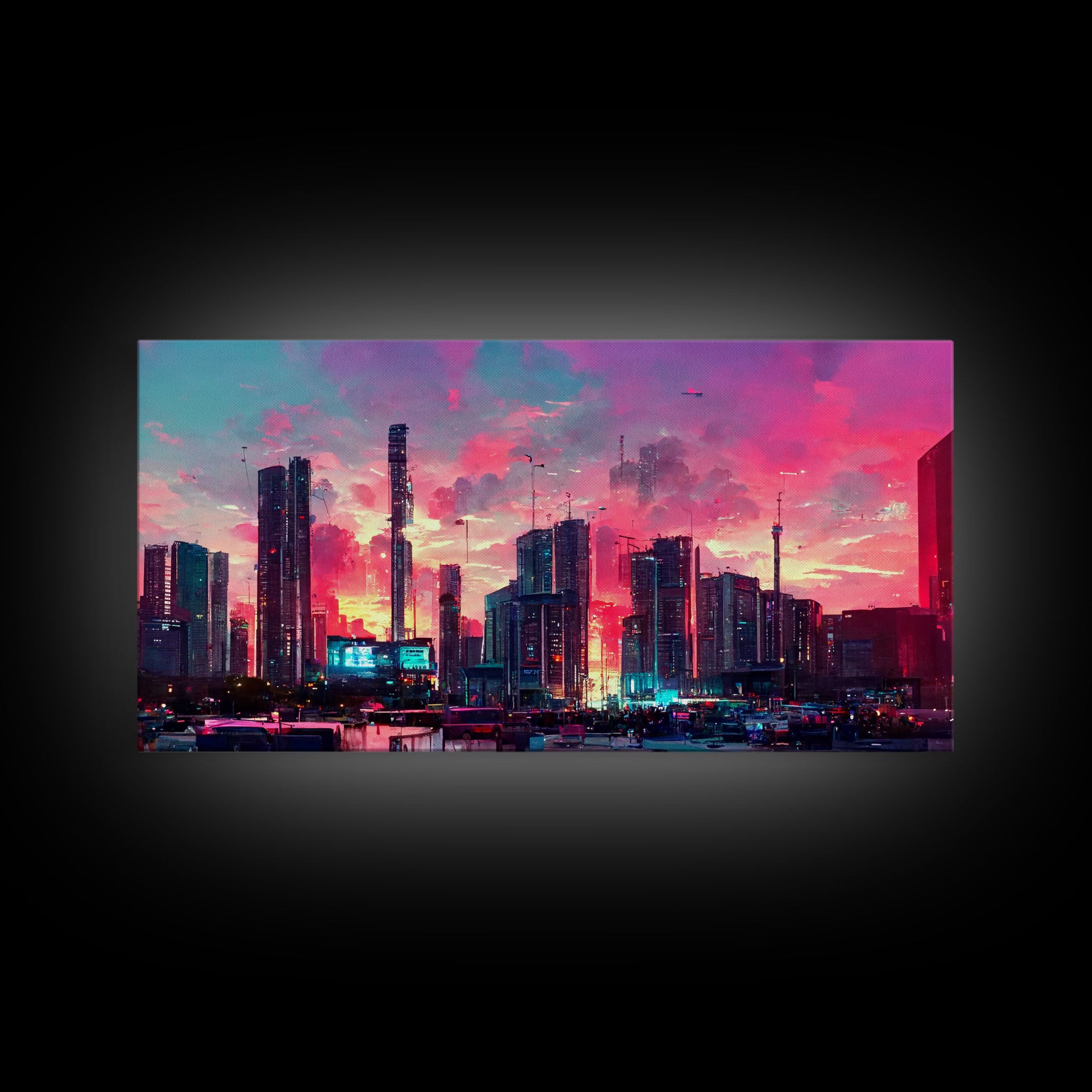 Cyber punk city skyline canvas print, outrun sunset, synthwave, vapor wave, dystopian city at sun set, mancave wall art, video game concept