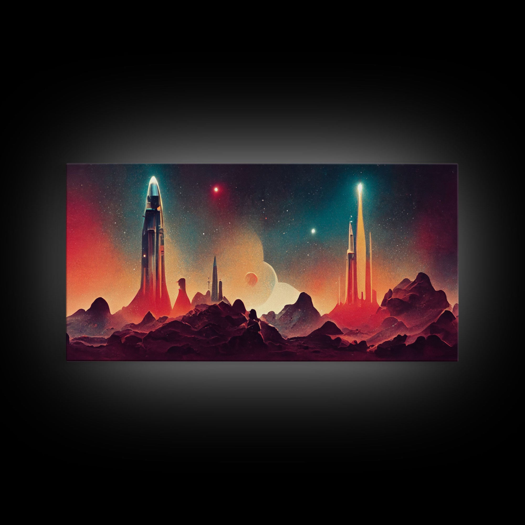 Art deco style space canvas print, space ship art, space art, outrun style, sci-fi themed art print, science fiction wall art