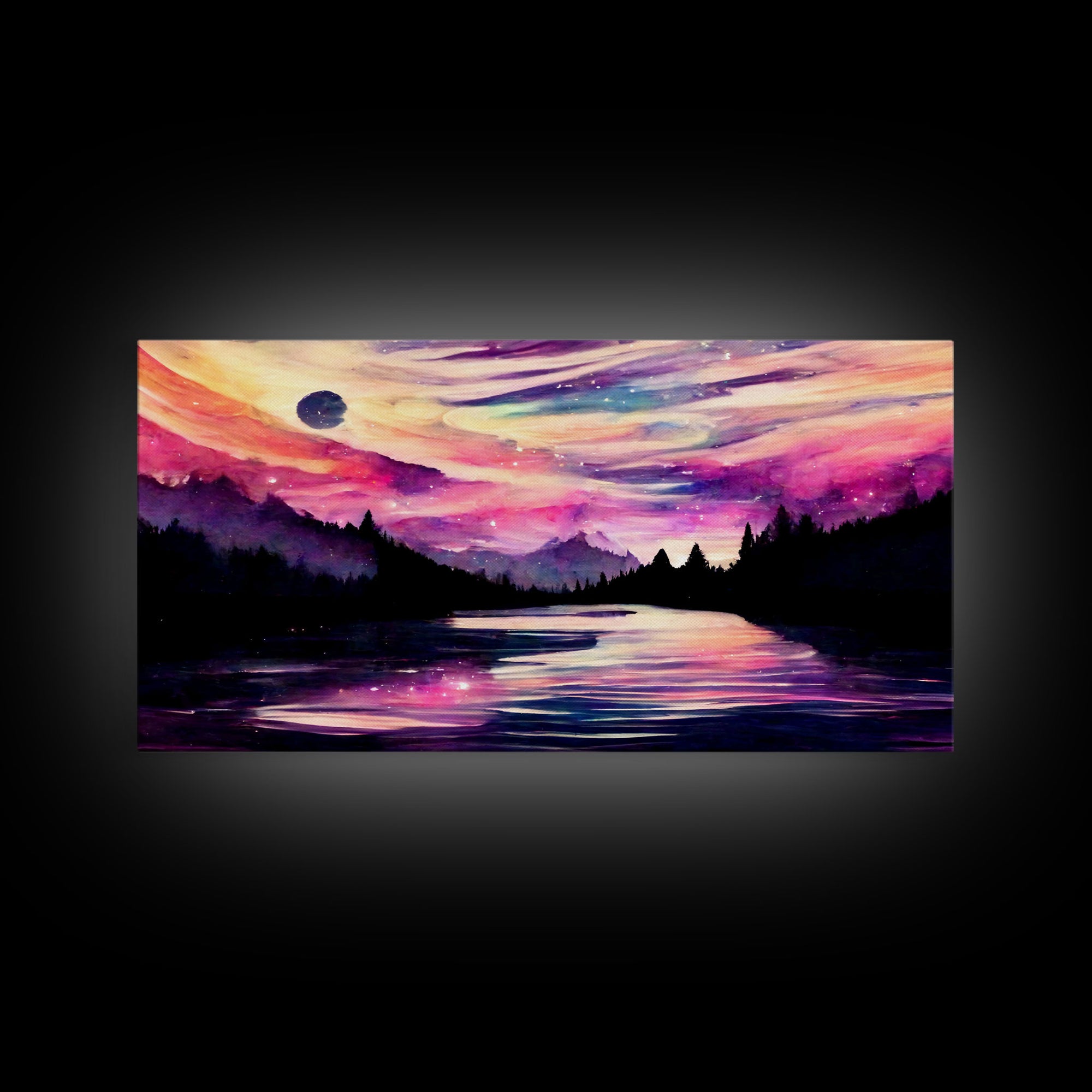 Beautiful lake at night canvas print, purple and pink sunset night sky, wall art canvas, lake front view, guest room, surreal Lakehouse Art