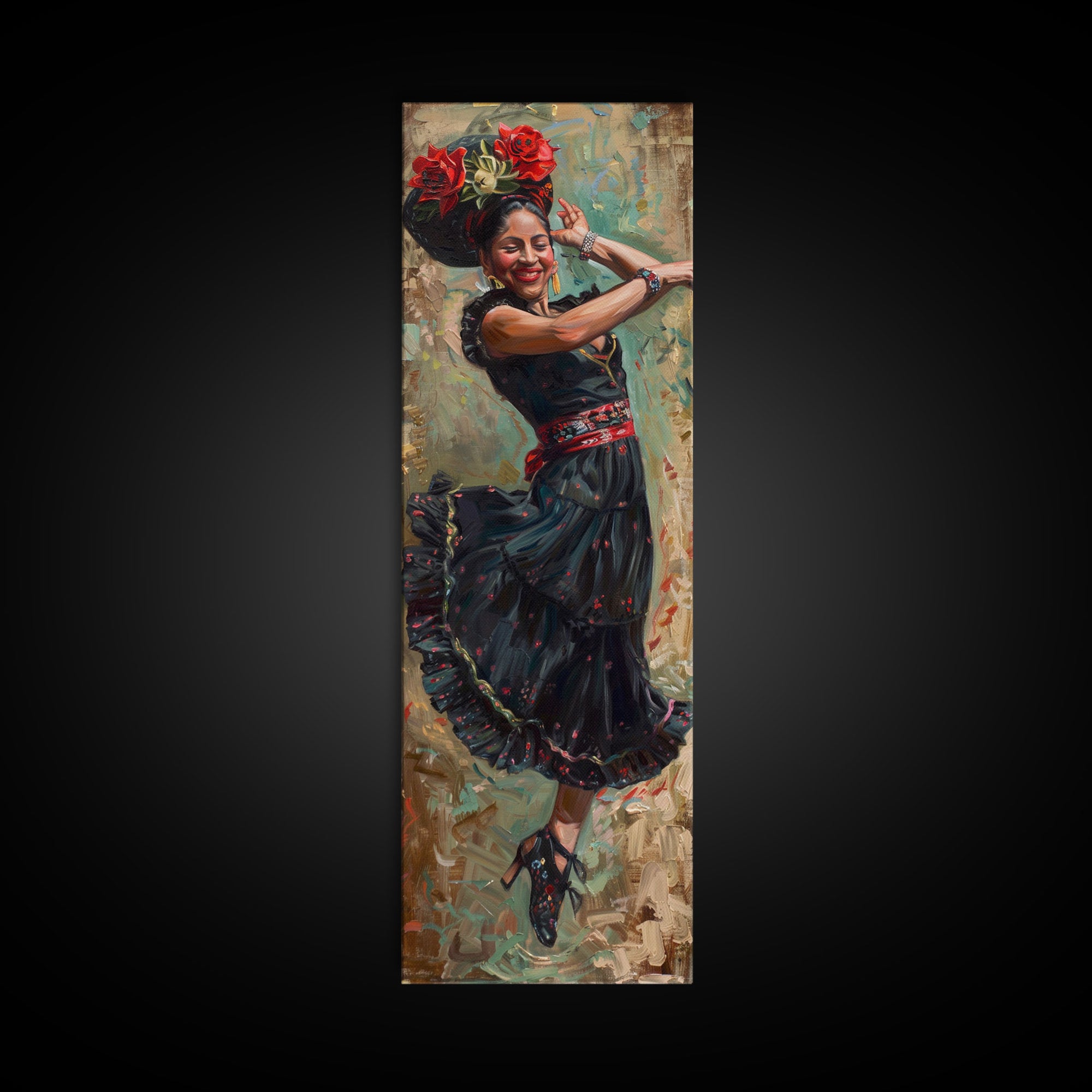 Mexican Inspired Textured Canvas Art of Flamenco Dancer, Spanish Oil Painting, Oversized Vintage Canvas Art Print, Tall and Narrow Art