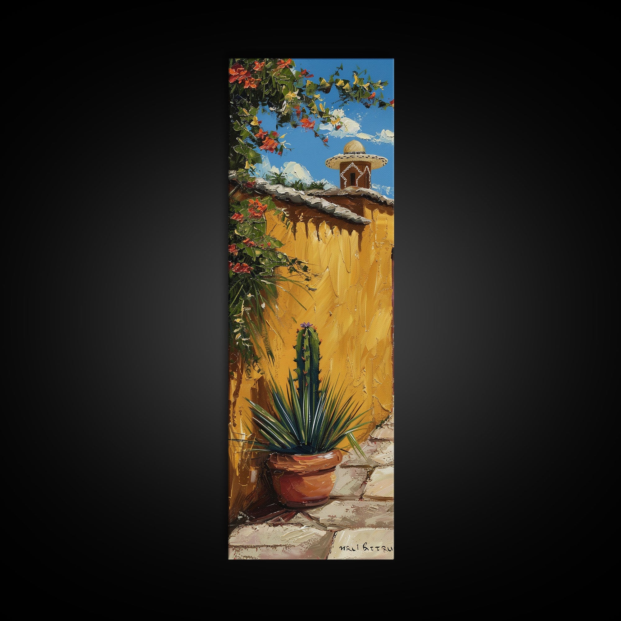 Mexican Inspired Impasto Canvas Painting Framed, Southwestern Wall Art, Tall and Narrow Wall Art, Framed Canvas Art for Living Room