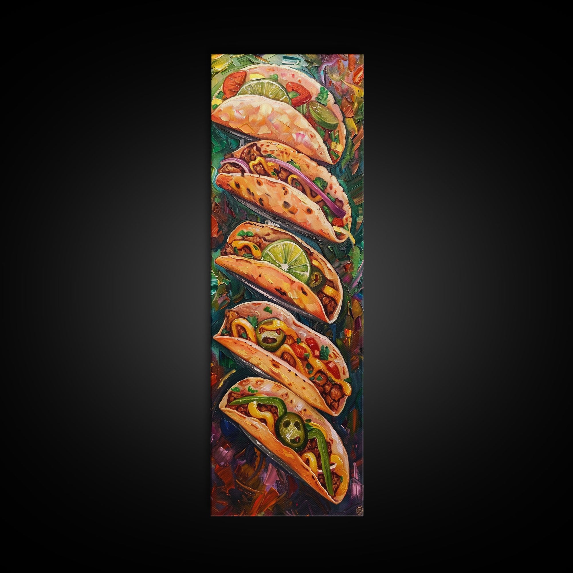 Taco Painting Framed and Printed on Canvas, Colorful Kitchen Wall Art, Mexican Inspired Food Art, Large Narrow Wall Art, Kitchen Decor