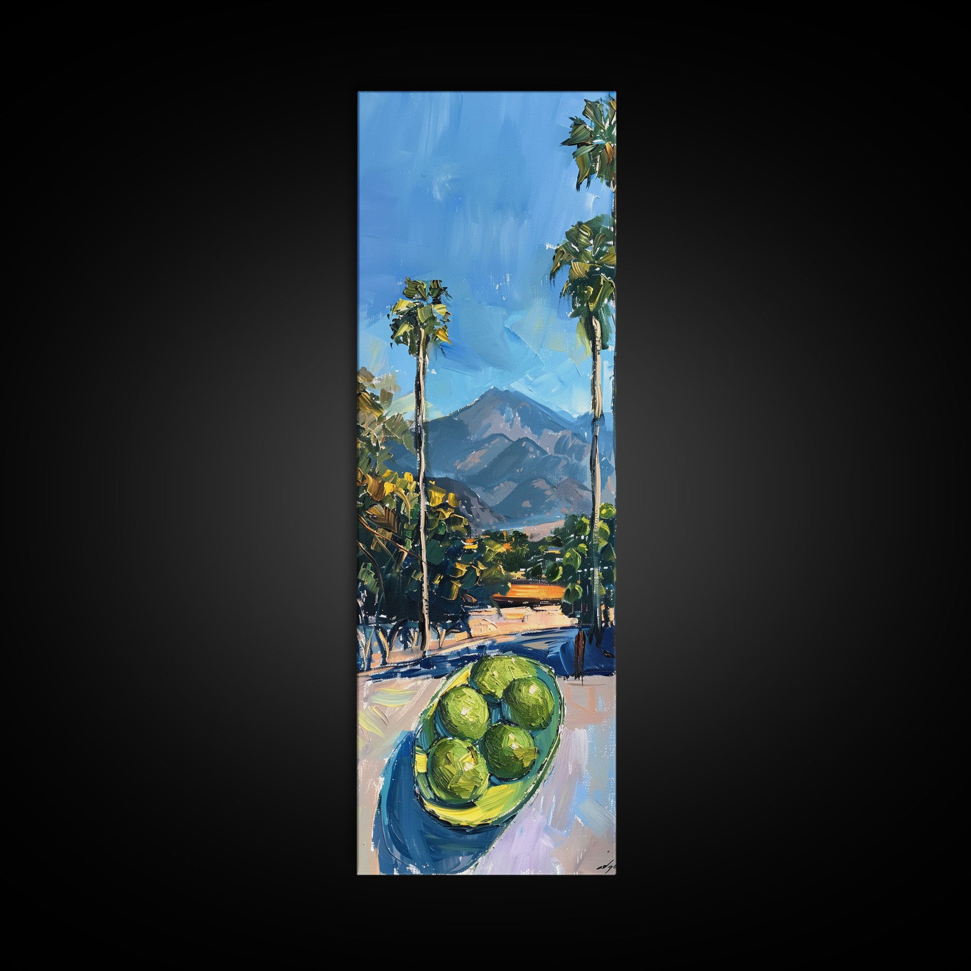 Tall and Narrow Palm Tree California Landscape Art Print Framed on Canvas, Printed Wall Art, Gouache Style Landscape Painting, Mountain Art