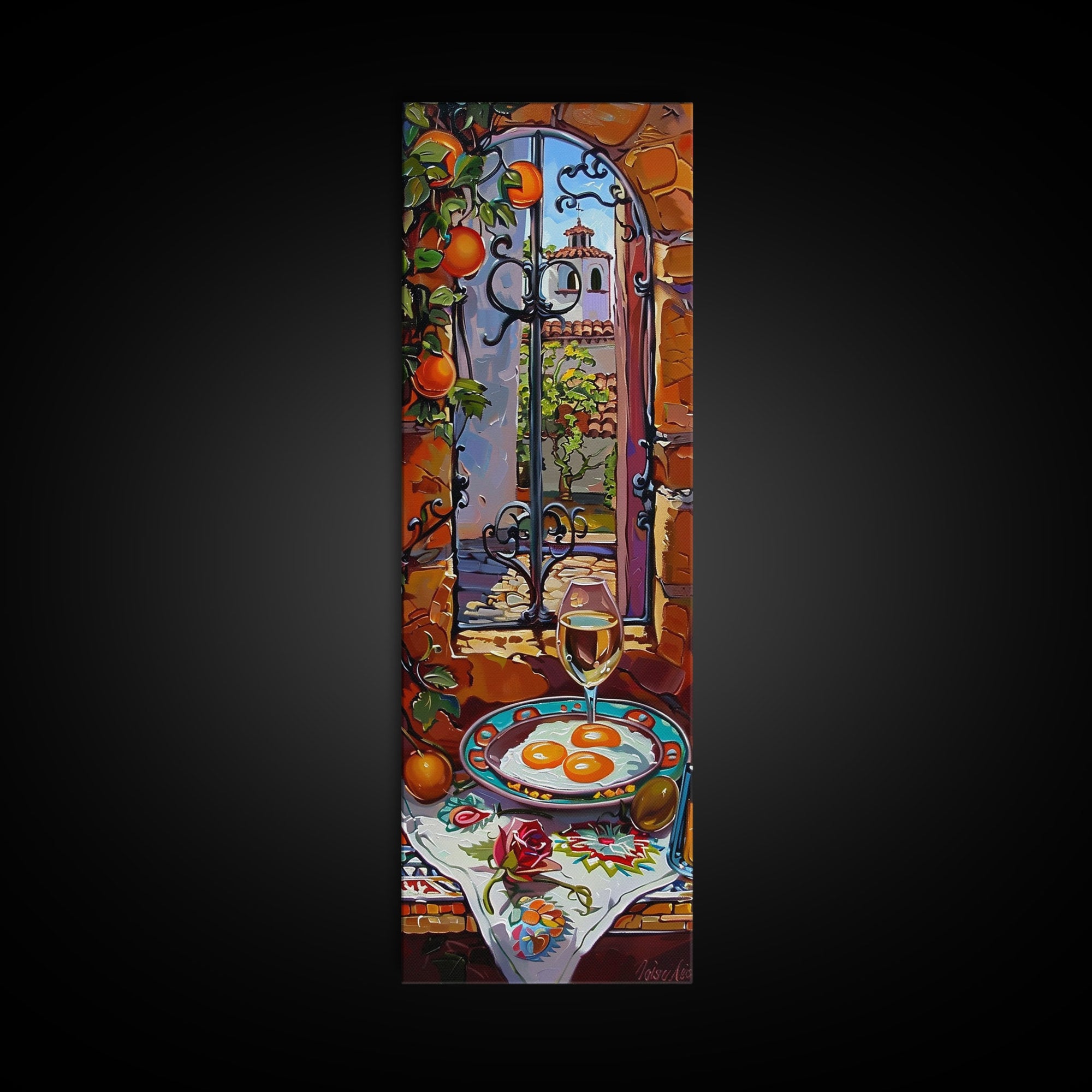 Oversized Mediterranean Style Cafe Painting Framed on Canvas, Whimsical Art, Vertical Wall Art, Spanish Style Cafe Painting, Kitchen Art