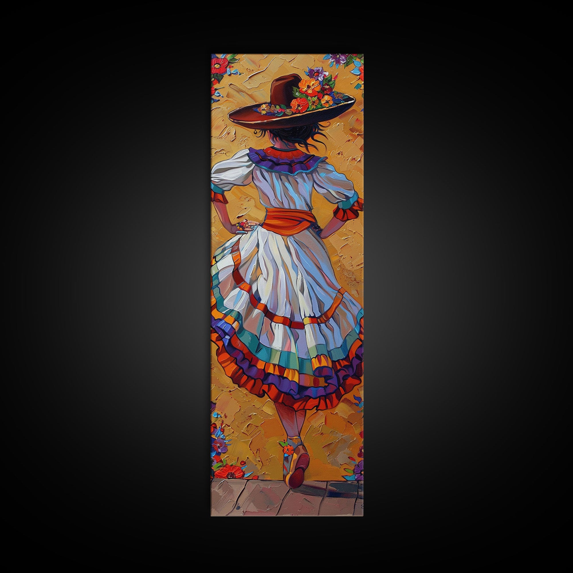 Textured Canvas Painting Print of Mexican Flamenco Dancer, Spanish Framed Art, Rustic Wall Art Print for Living Room, Oversized Vertical Art