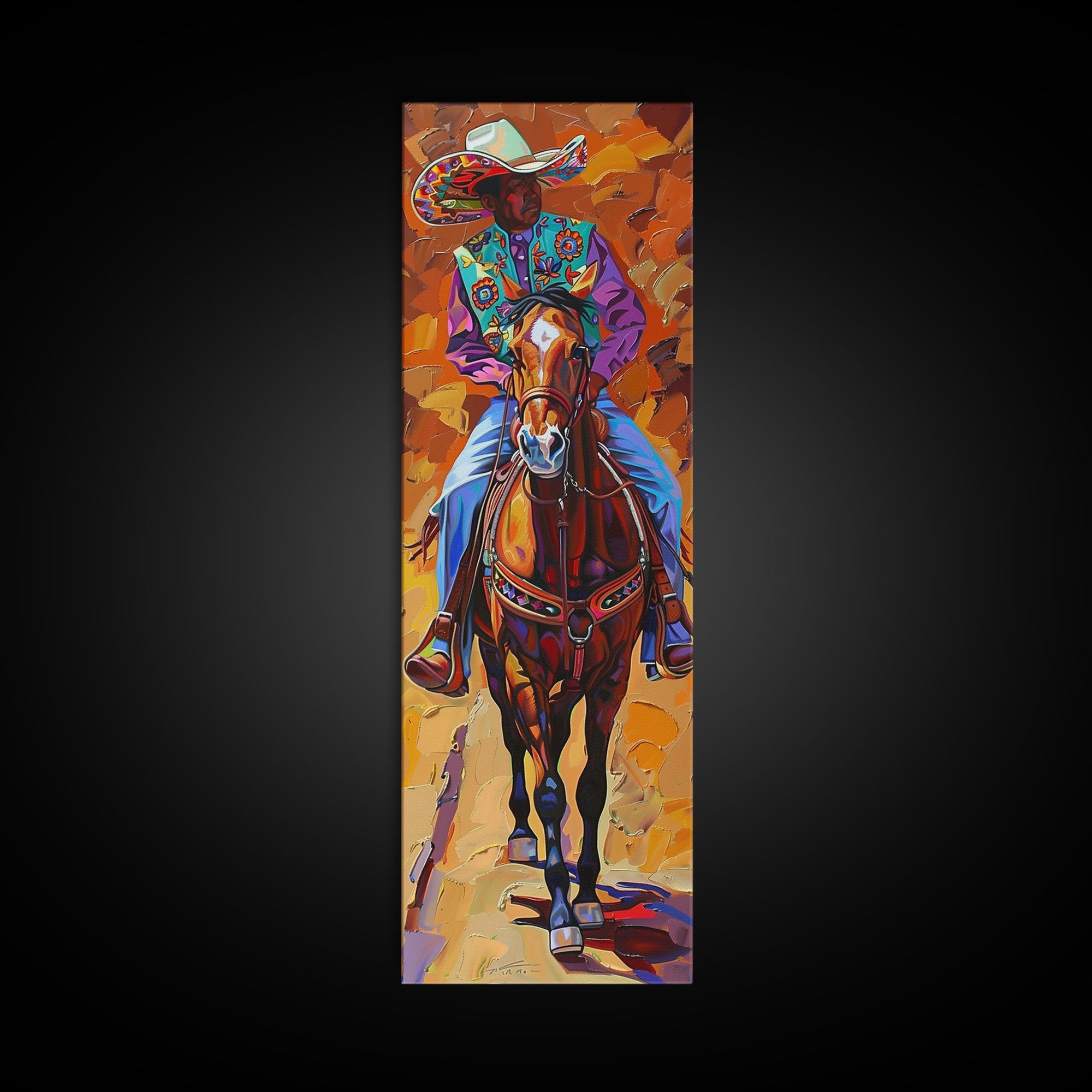 Vertical Acrylic Painting of Colorful Jalisco Cowboy Riding Horse Framed and Printed on Canvas, Mexican Inspired Wall Art for Living Room