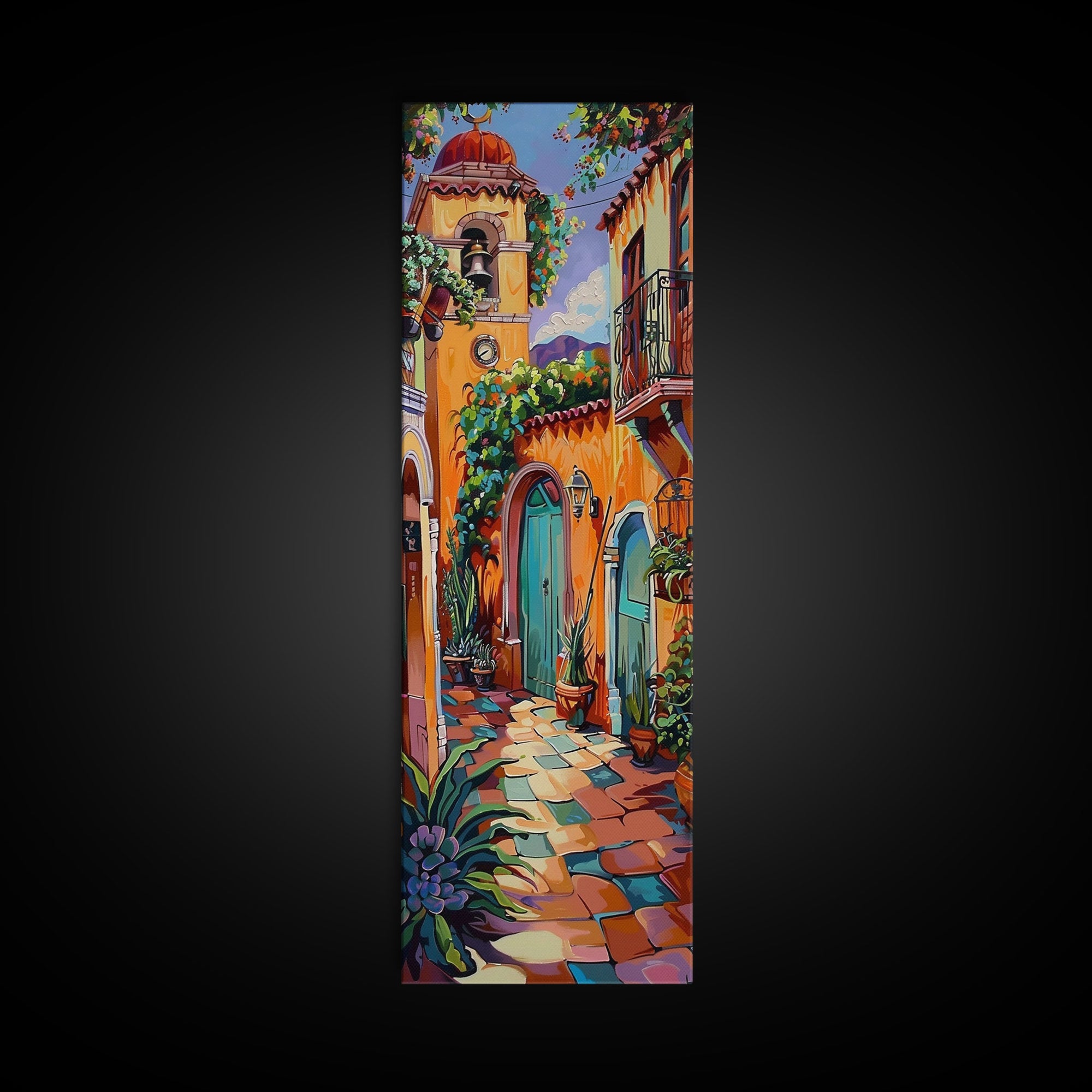 Rustic Colorful Mexican Inspired Hacienda Canvas Painting Framed, Spanish Wall Art Print, Vertical Tall and Narrow Wall Art for Large Space