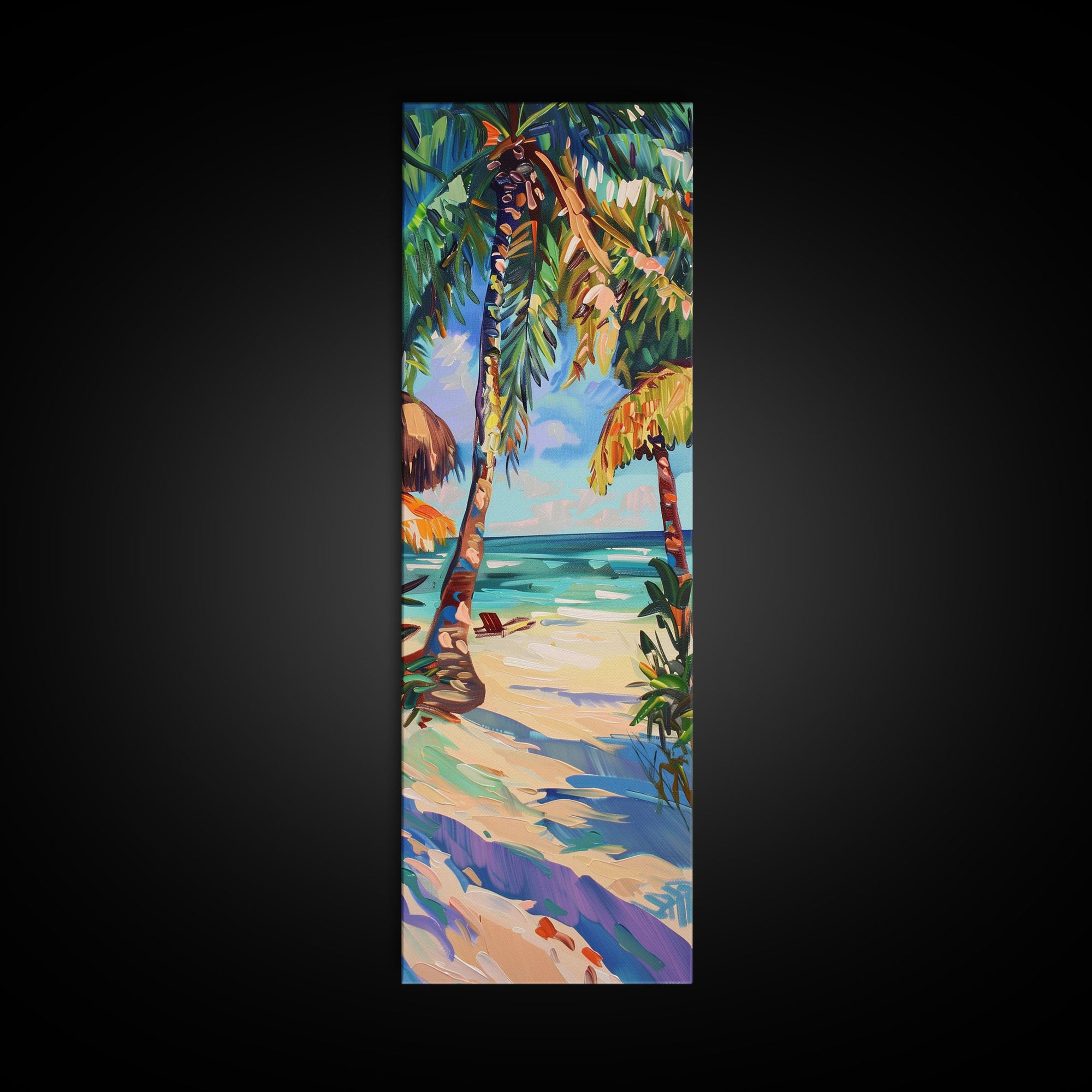 Tropical Wall Art Canvas of Ocean Landscape, Acrylic Gouache Style Canvas Art Framed and Printed, Long and Narrow Modern Abstract Art