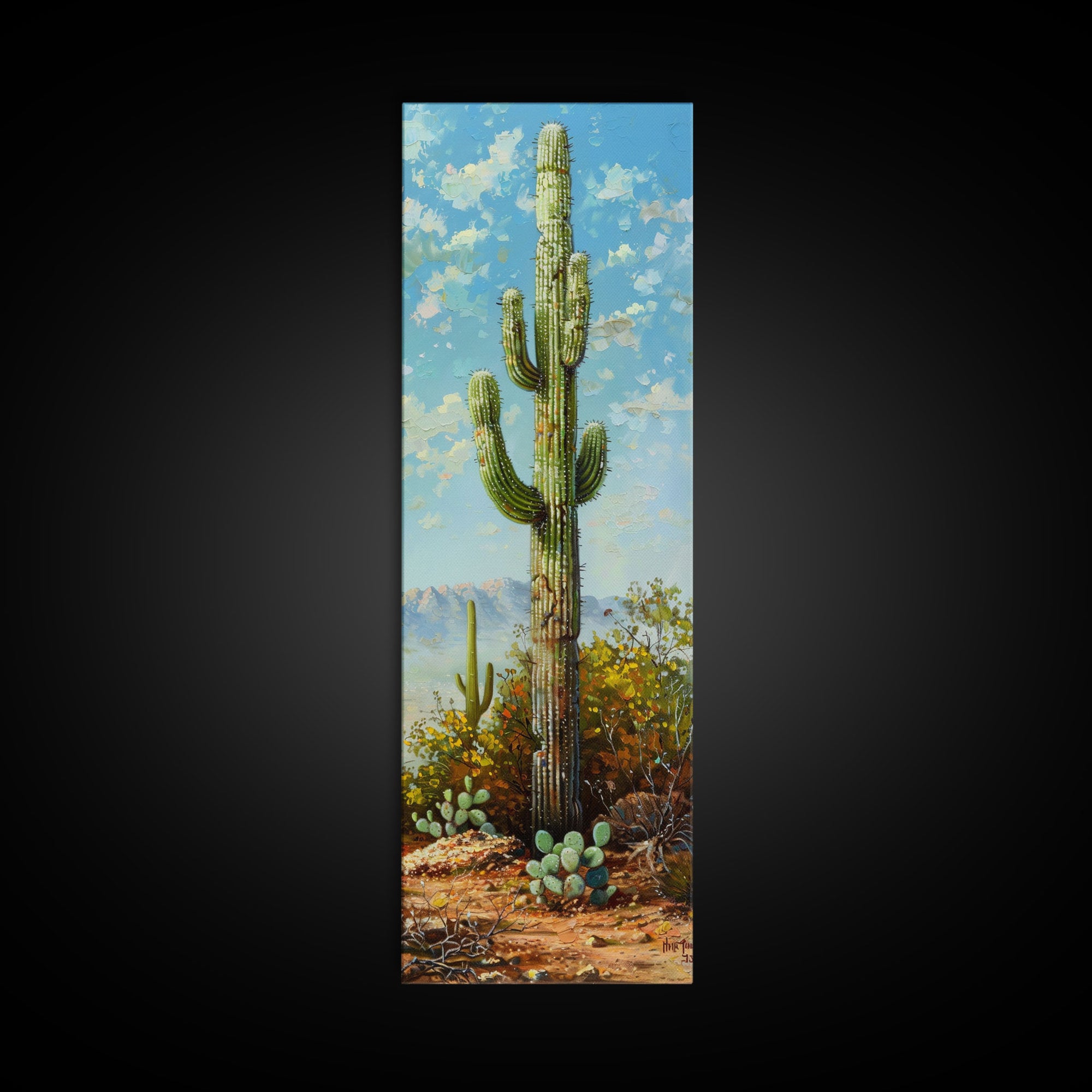 Framed Printed Acrylic Canvas Painting of Saguaro Cactus, Colorful Desert Art Print, Modern Western Wall Art Print, Office Wall Decor