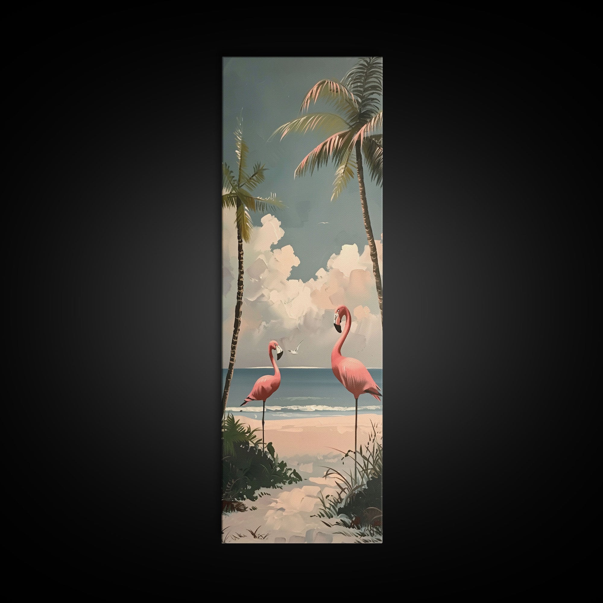 Flamingos on Beach, Coastal Art Framed and Printed on Canvas, Modern Beach House Wall Art Print, Housewarming Gift for Her, Beach Print