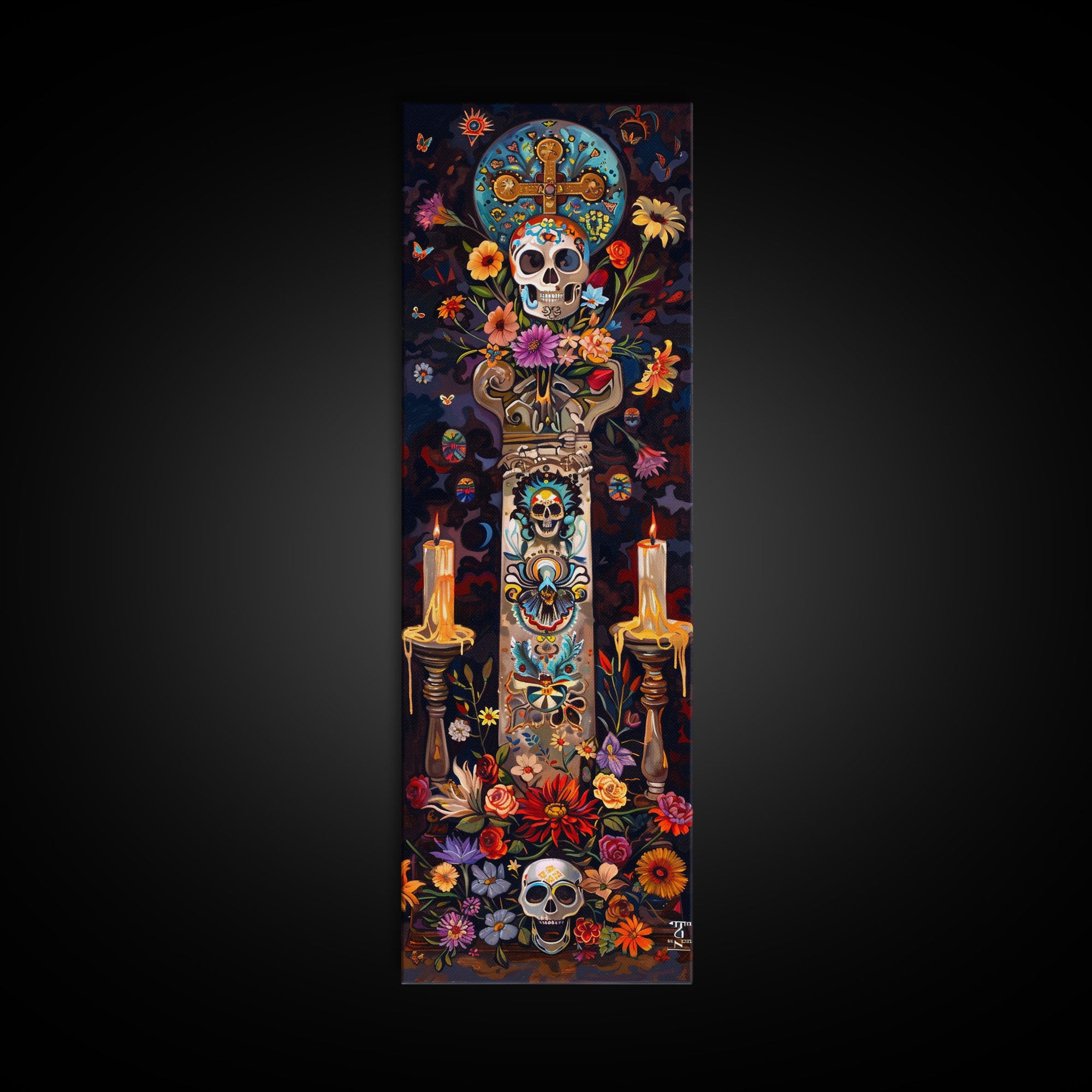 Dia De Los Muertos Sugar Skull Canvas Painting, Gothic Wall Art Print, Skinny Framed Canvas Art, Colorful Day of The Dead Poster Art