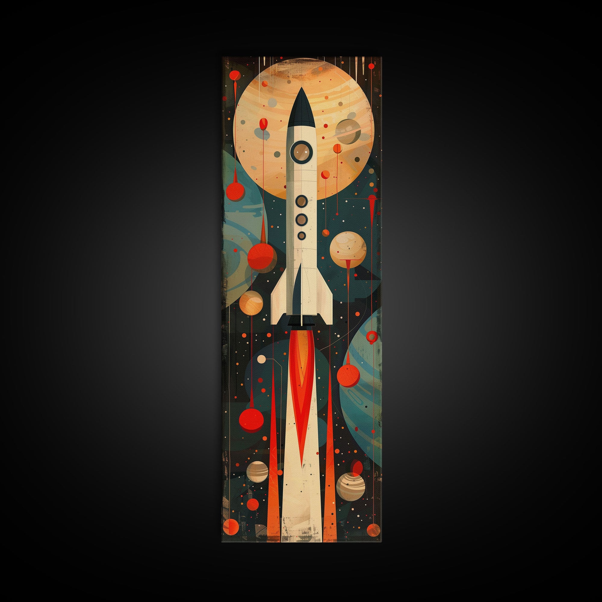 Vintage Rocket Launch Art - Framed Canvas Print, Midcentury Modern Skinny Art, Tall Wall Art for Living Room or Bedroom Decor