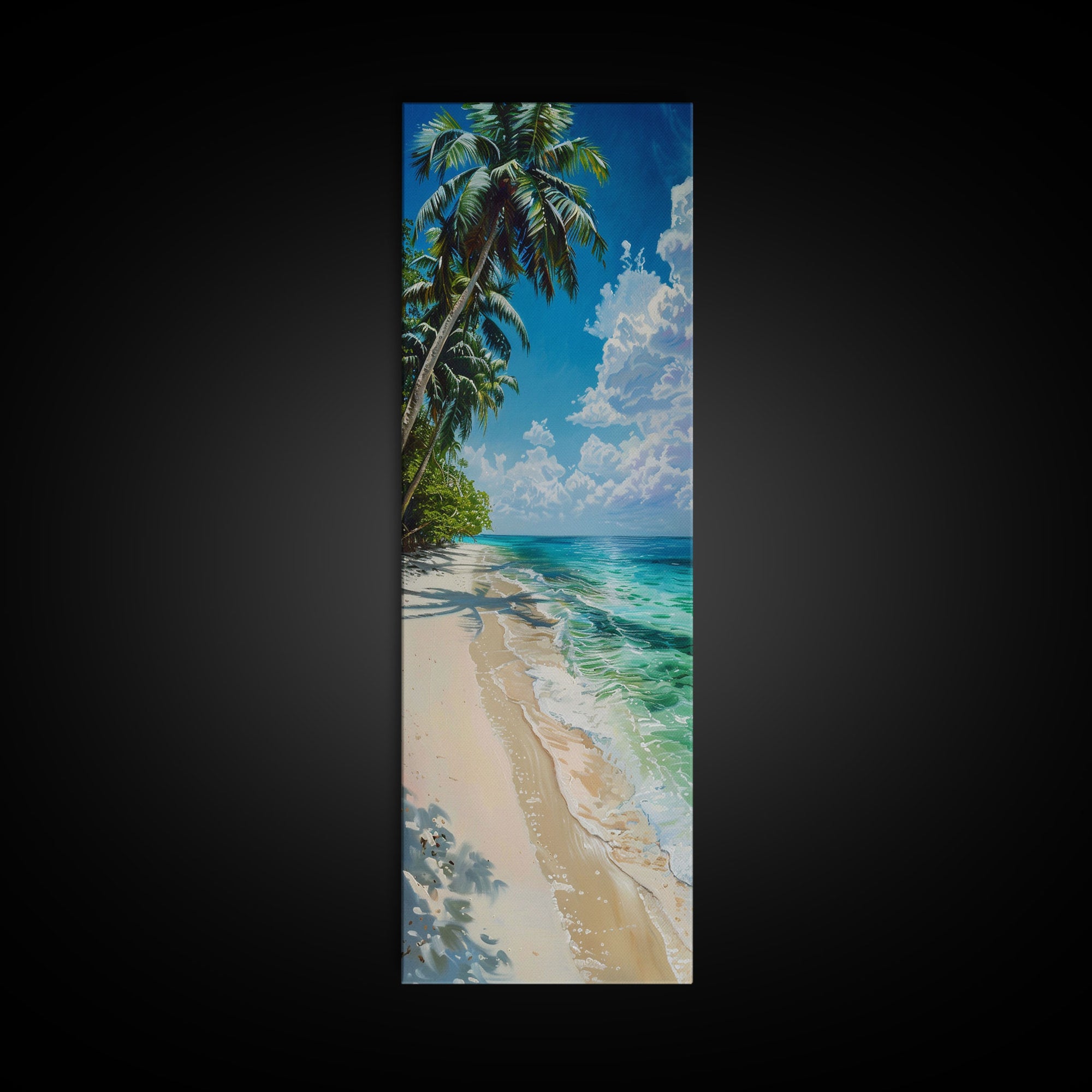 Sunny Coastal Beach Scene With Shaded Palm Trees Skinny Art Framed Canvas Print For Living Room Wall Art