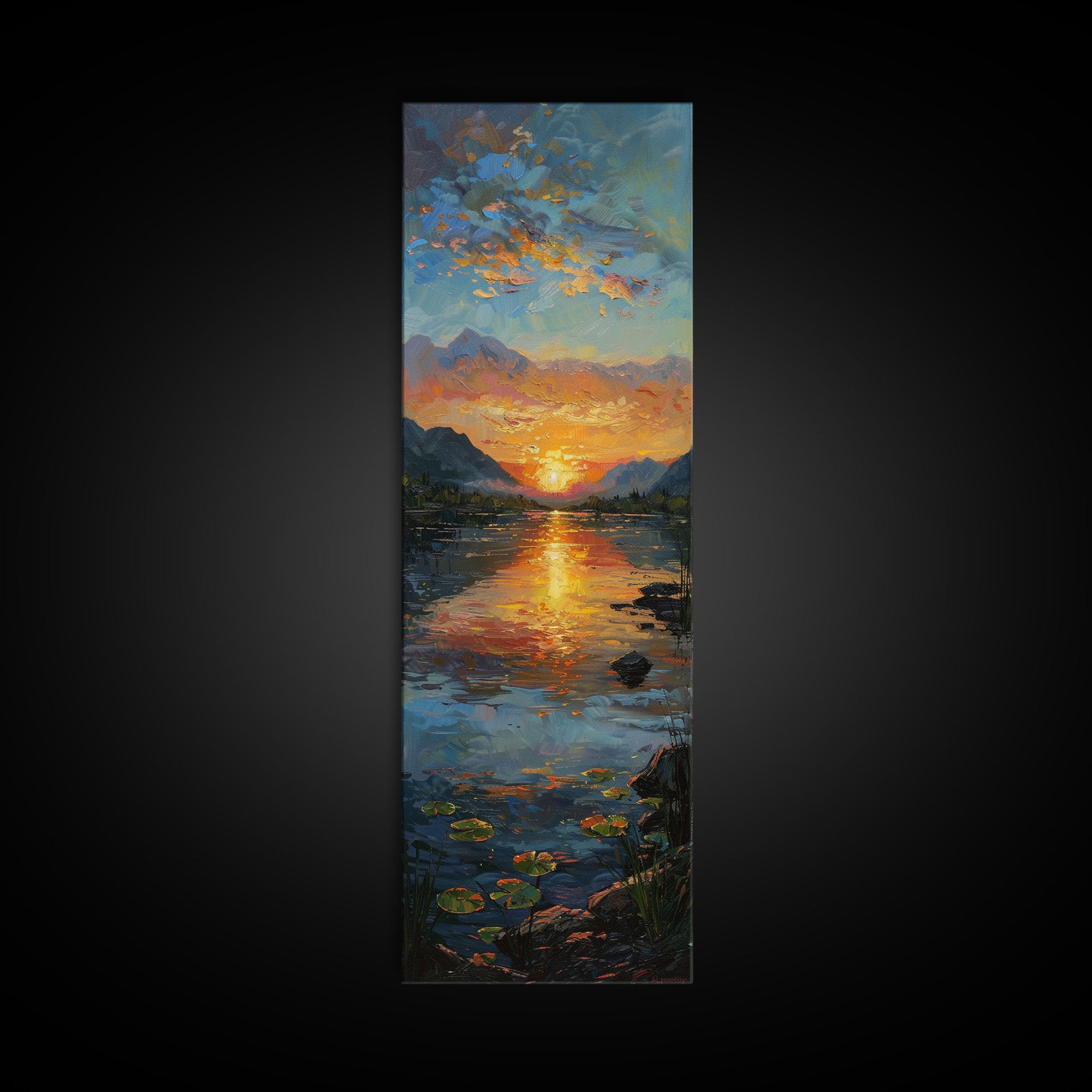 Vibrant Sunset Over Lake Art - Framed Canvas Print, Skinny Tall Art, Landscape Painting, Wall Art for Living Room, Bedroom Decor, Sunset Art