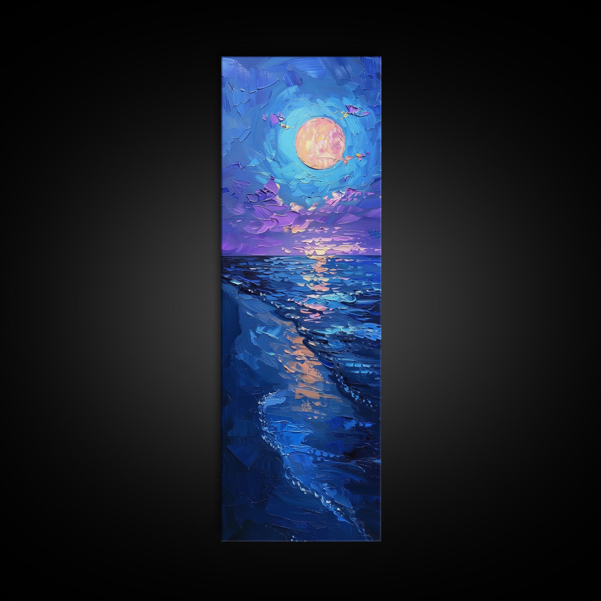 Vibrant Night Sky Over the Ocean with Full Moon, Skinny and Tall Art, Bold and Colorful Framed Canvas Print, Landscape Wall Art