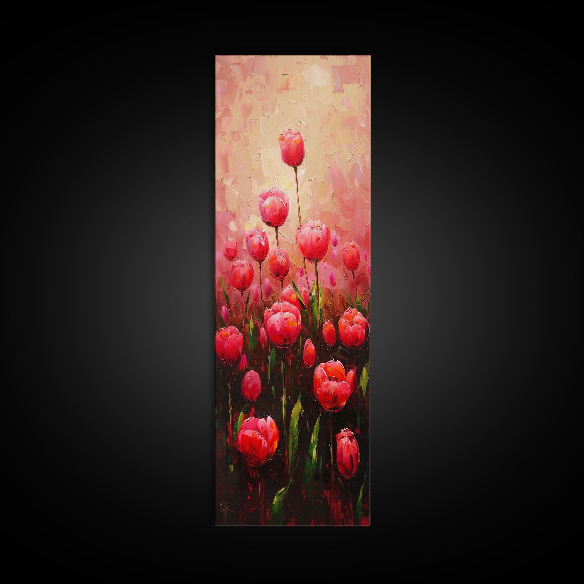 Vibrant Red Tulips in Bloom Against a Soft Pink Background on a Framed Canvas Print Skinny Art Piece