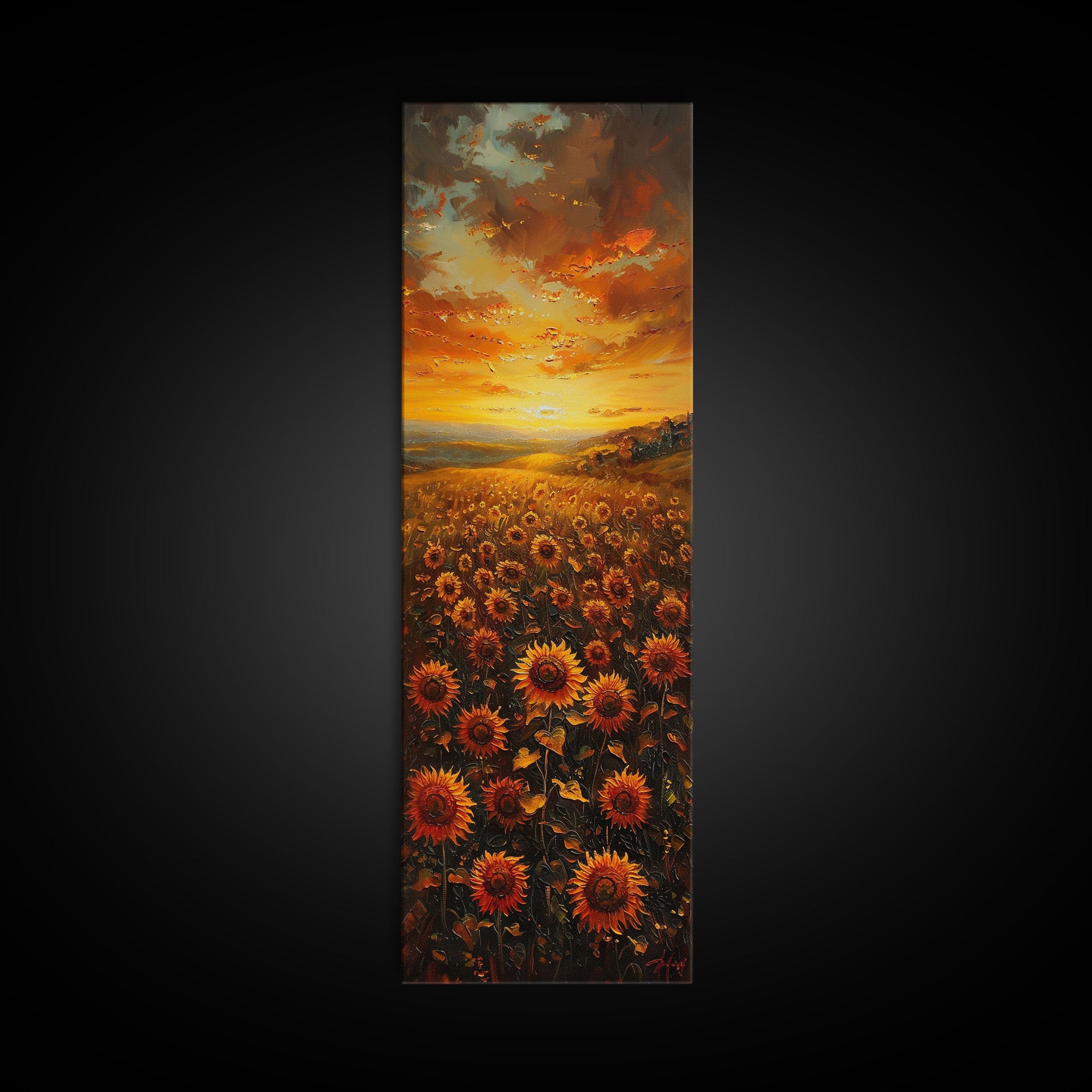 Sunflowers in Golden Sunset, Tall Skinny Art Framed Canvas Print Ideal for Warm Wall Decor in Living Rooms or Bedrooms