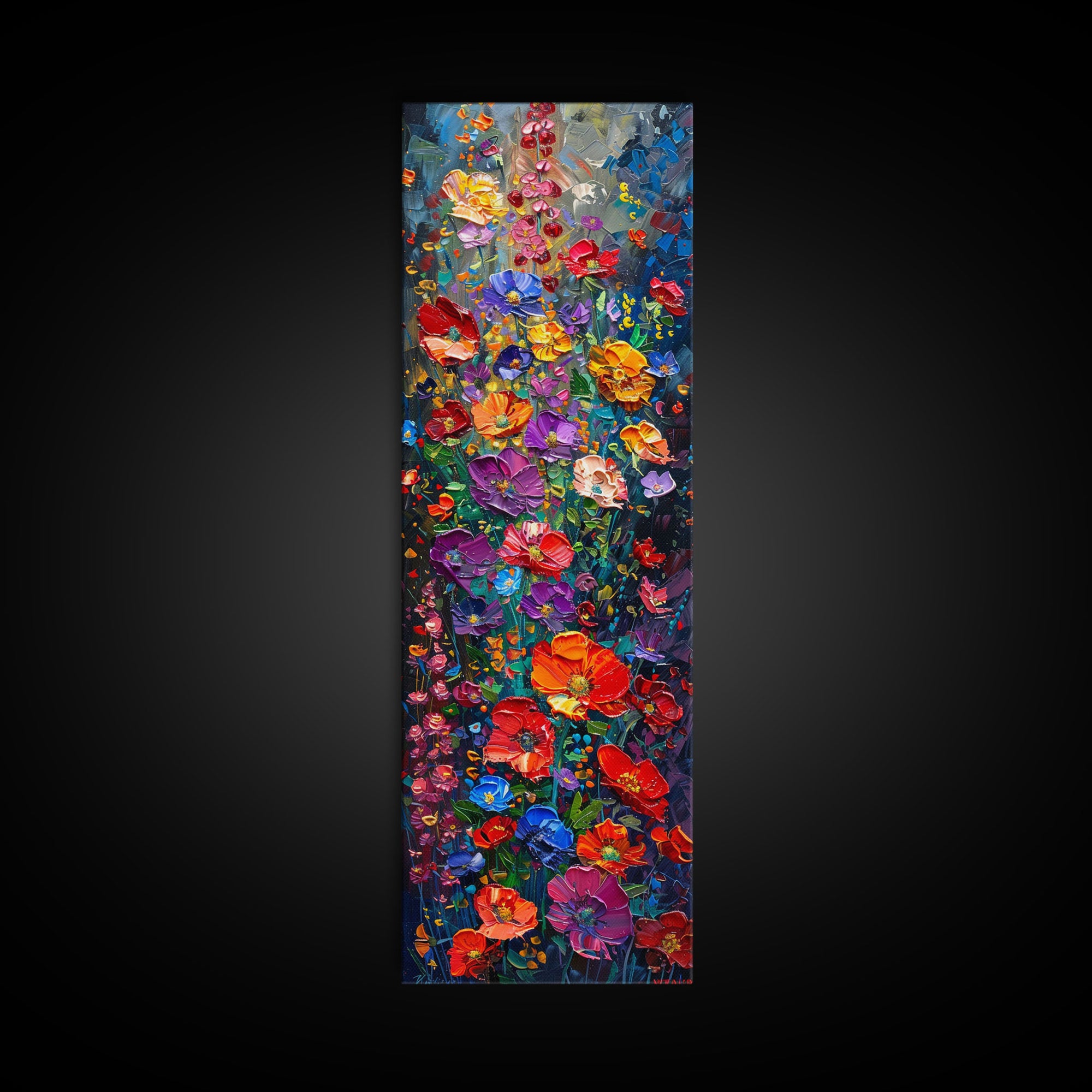 Vibrant Floral Cascade on Textured Canvas as Tall Skinny Art Framed Canvas Print for Colorful Wall Decor in Modern Interiors