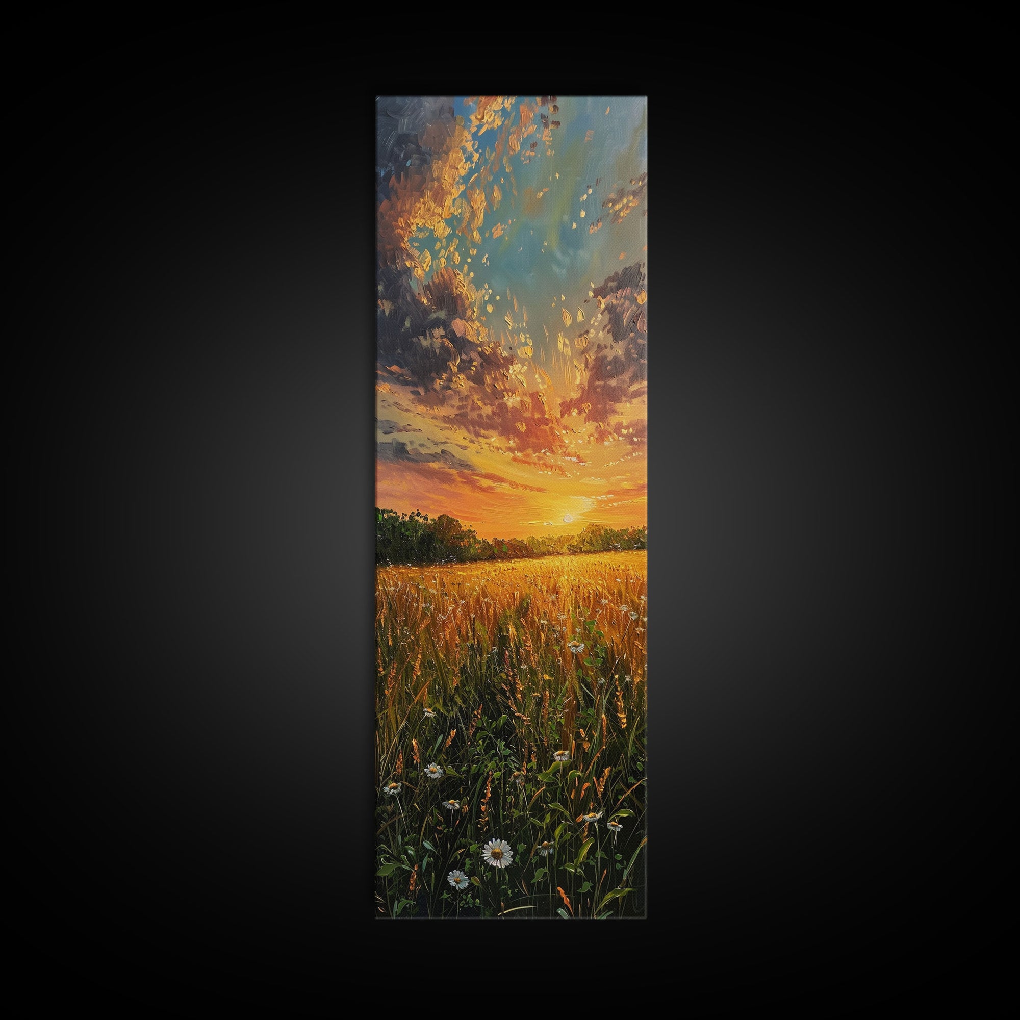 Wheat Fields At Sunset Framed Canvas Print - Beautiful Wall Art - Skinny Art - Tall Art - Statement Piece - Living Room Decor