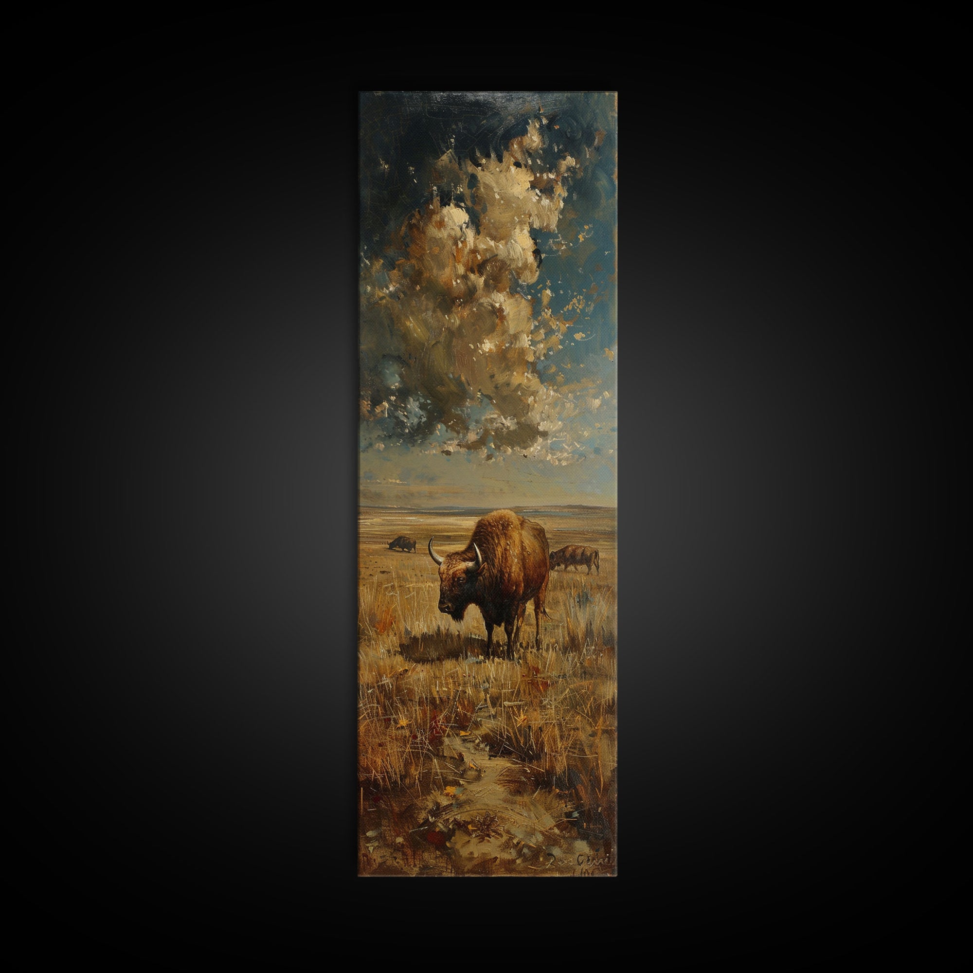 Wild Buffalo On The Oklahoma Prairie, Framed Canvas Print, Minimalist Farmhouse Decor Oil Painting Print