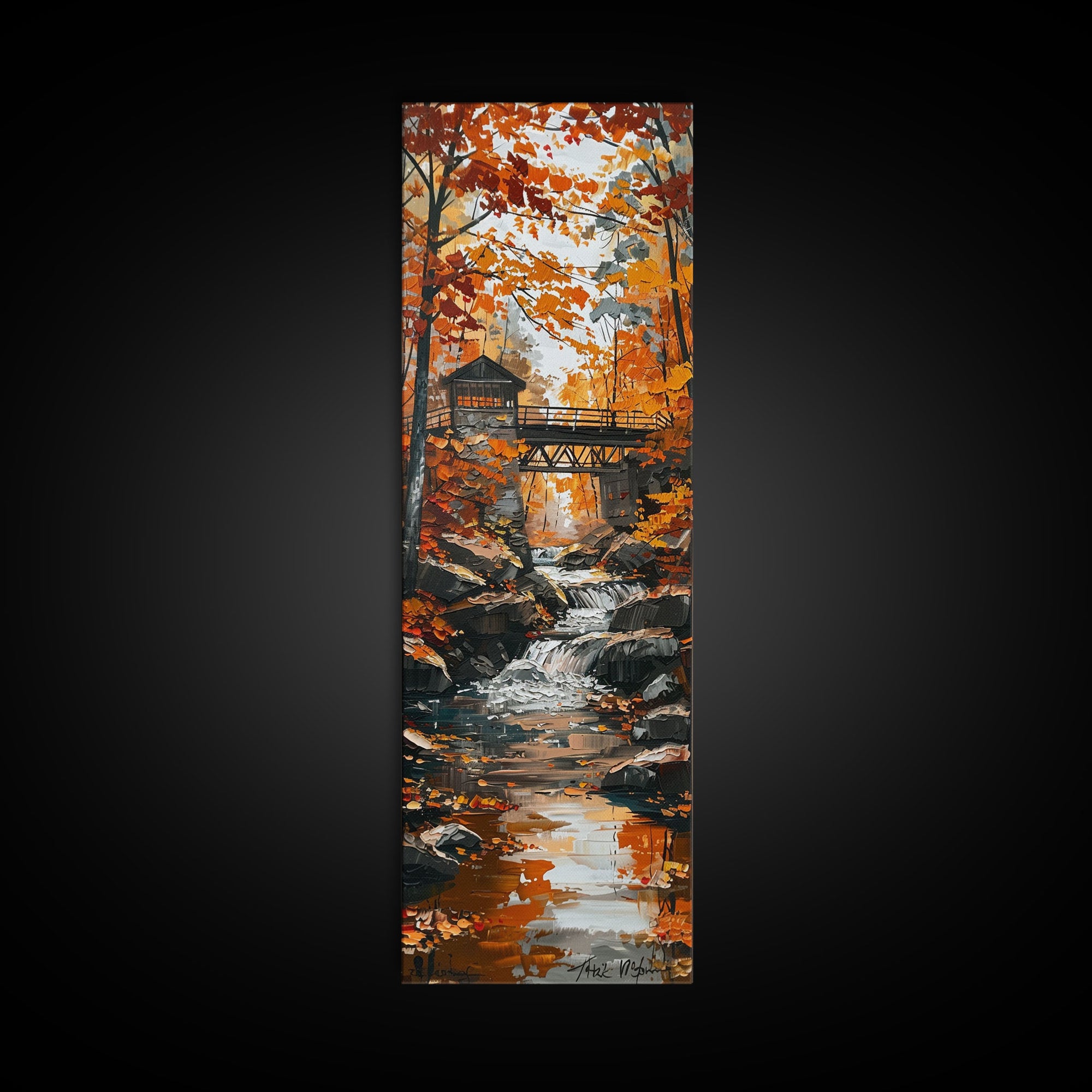 The Autumn Bridge, Framed Canvas print, New England Landscape Painting Print, Wall Art, Home Decor