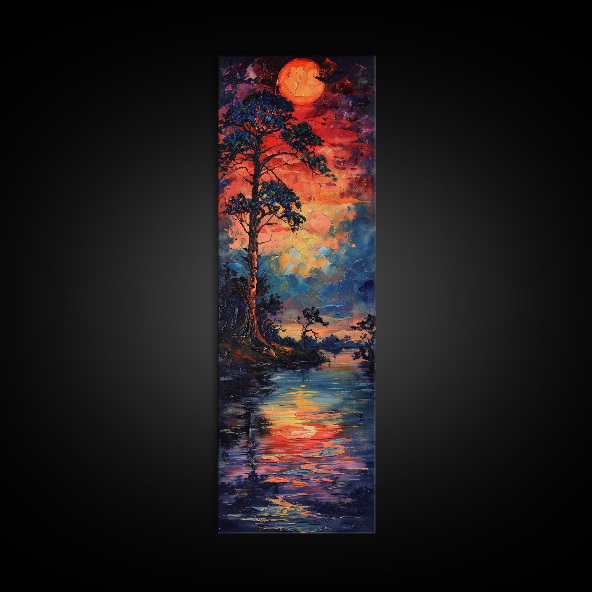 Sunset At The Lake, Framed Canvas Print, Colorful Gift Idea, Housewarming, Tall / Skinny Panoramic Painting Print, Living Room Wall Art