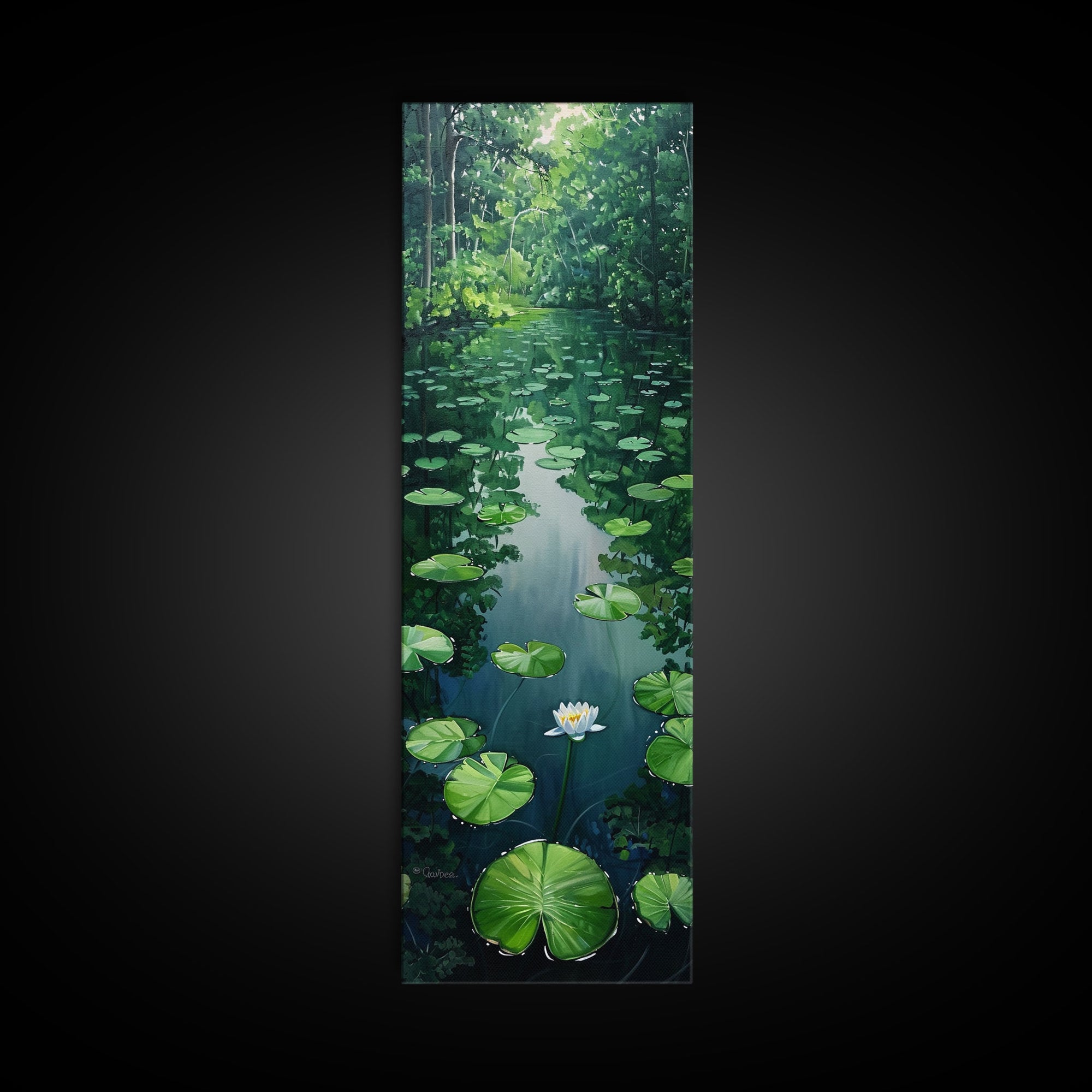 Tranquil Lily Pond Surrounded By Lush Forest, Boho And Minimalist Art For Nature Lovers, Farmhouse Wall Art In Tall Canvas Print