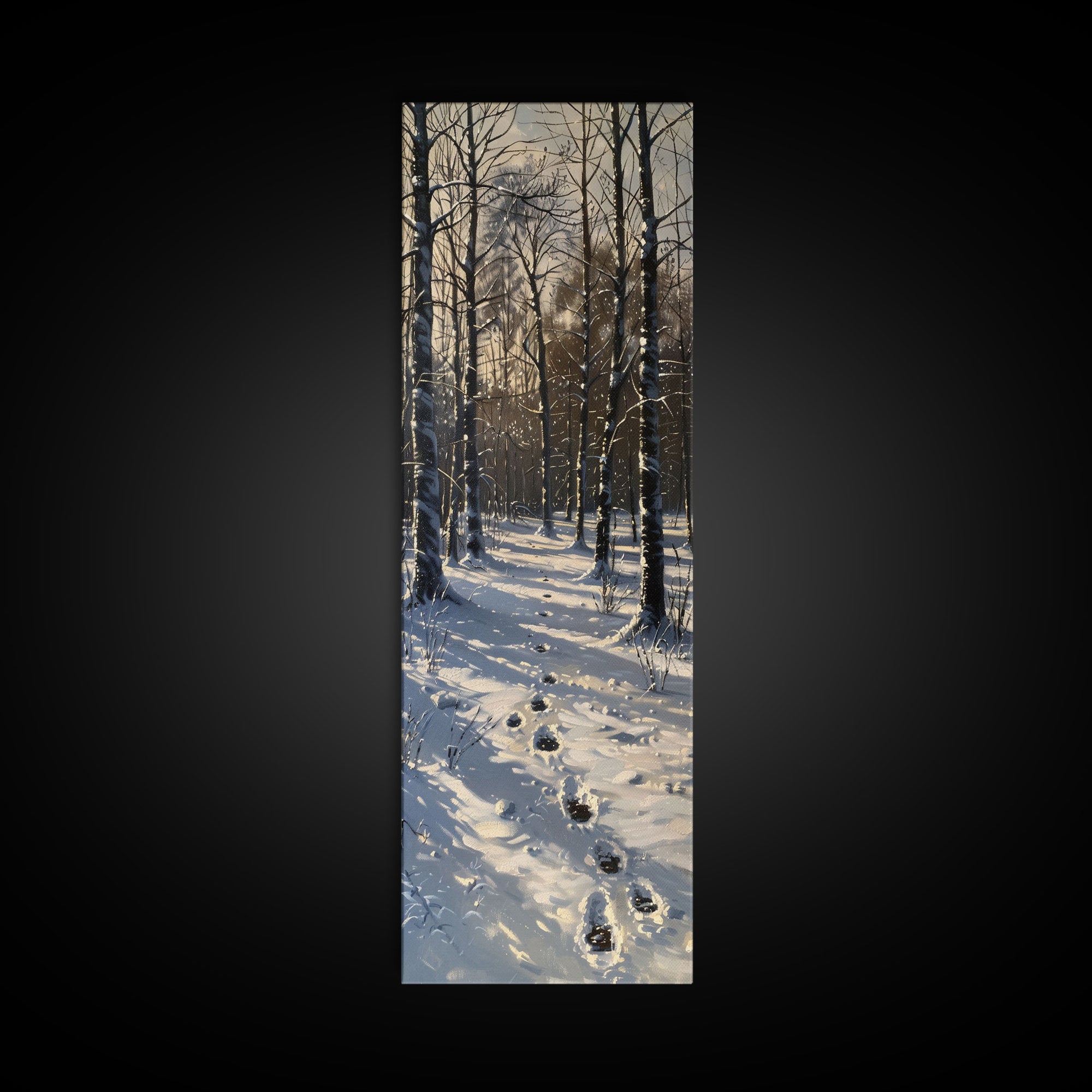 Snowy Forest Path With Footprints, Winter Scene In Farmhouse Style, Tall Canvas Print For Rustic Boho Wall Art