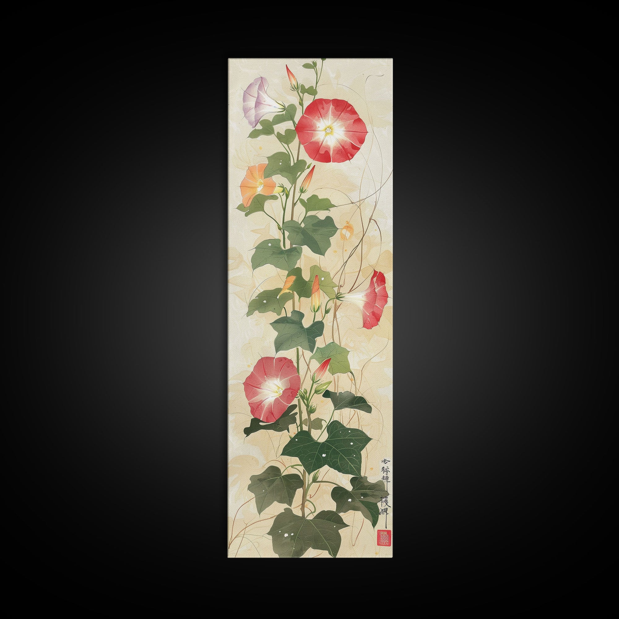 Vibrant Morning Glories Bloom Skinny Art Tall Art Japanese Ukiyo-e Inspired Floral Print Framed Canvas Wall Art