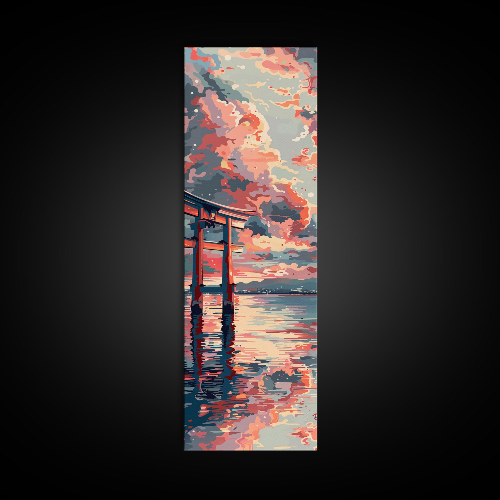 Tranquil Torii Gate Skinny Art Tall Art Japanese Ukiyo-e Inspired Spiritual Landscape Framed Canvas Print