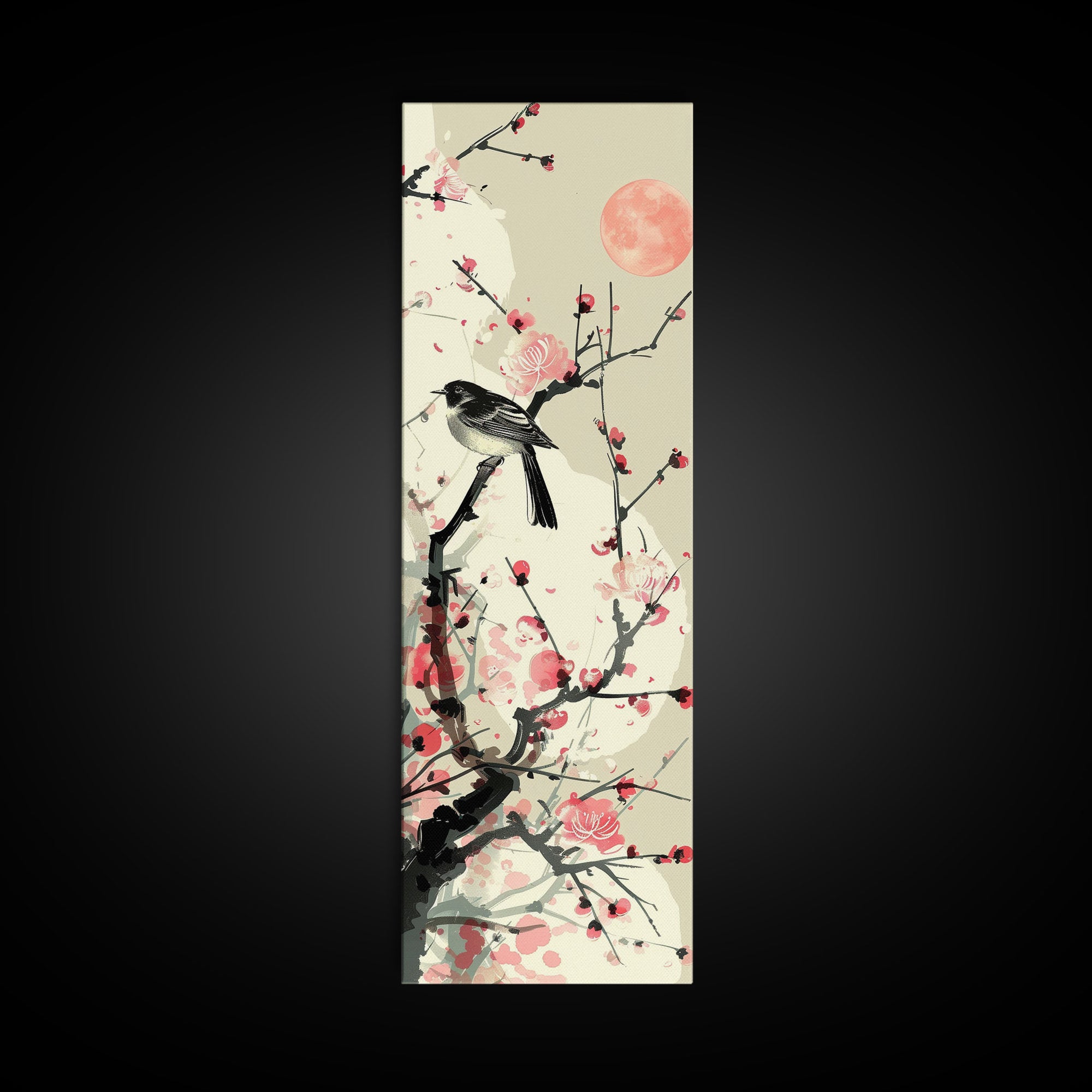 Songbird on Cherry Blossom Skinny Art Tall Art Japanese Ukiyo-e Inspired Bird and Nature Framed Canvas Print