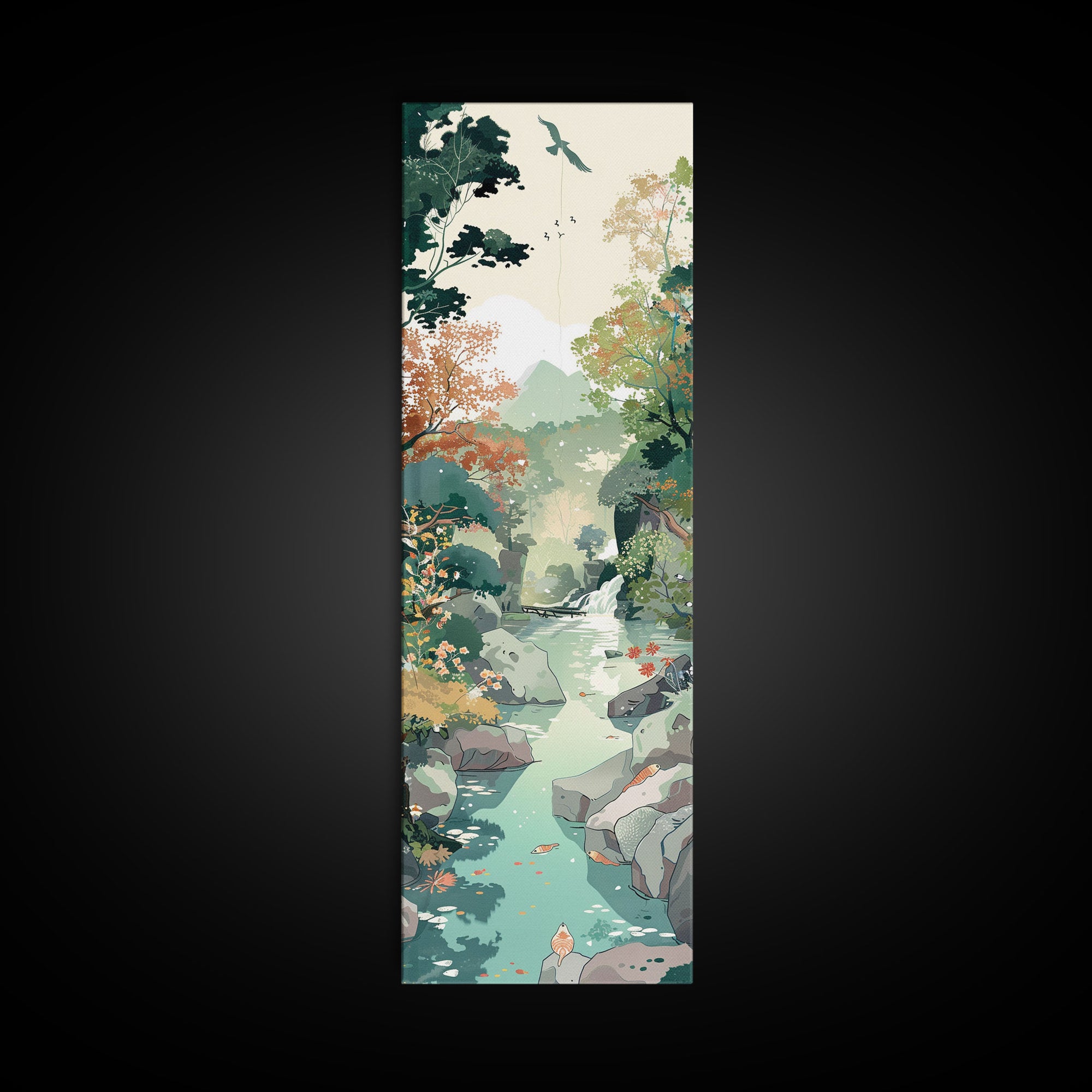 Tranquil Mountain Stream Surrounded by Autumn Leaves on Tall Vertical Japanese-Inspired Canvas Print for Nature Lovers