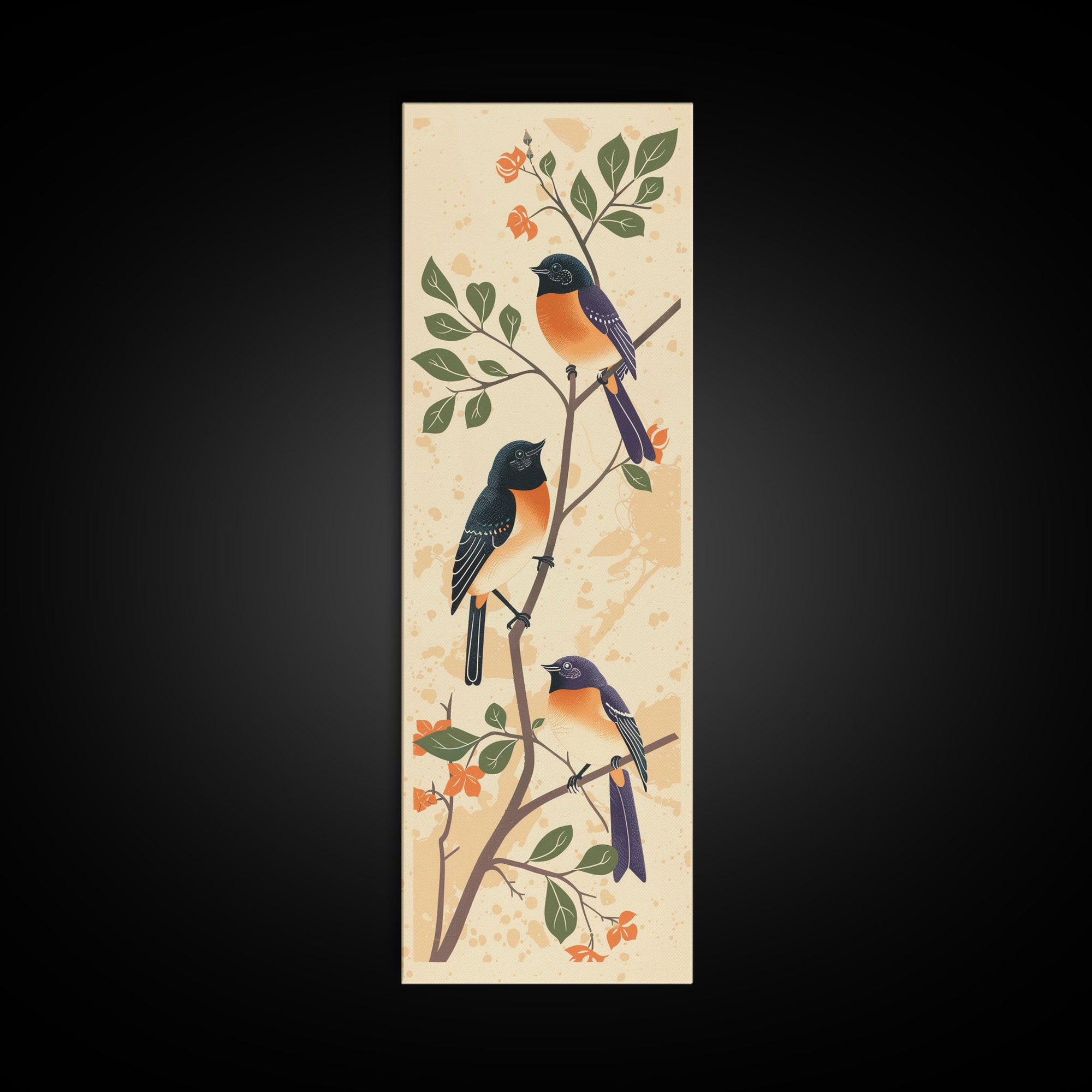 Three Birds Perched On A Branch Japanese Style Framed Canvas Print, Traditional Illustration Art Ready To Hang For Home Decor