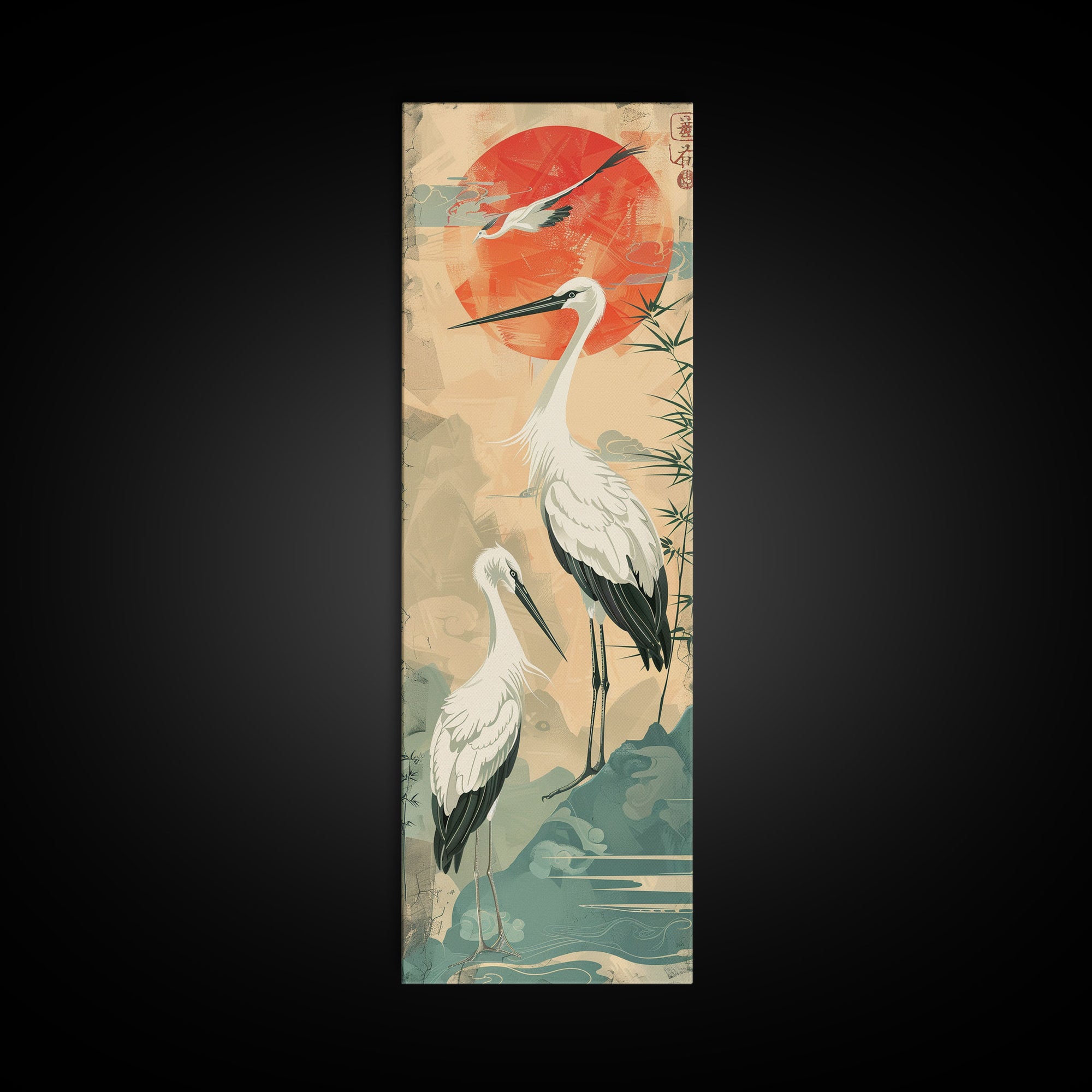 Tall Japanese Cranes Under a Vibrant Red Sun Ukiyo-e Art Skinny Framed Canvas Print Traditional Japanese Nature Scene