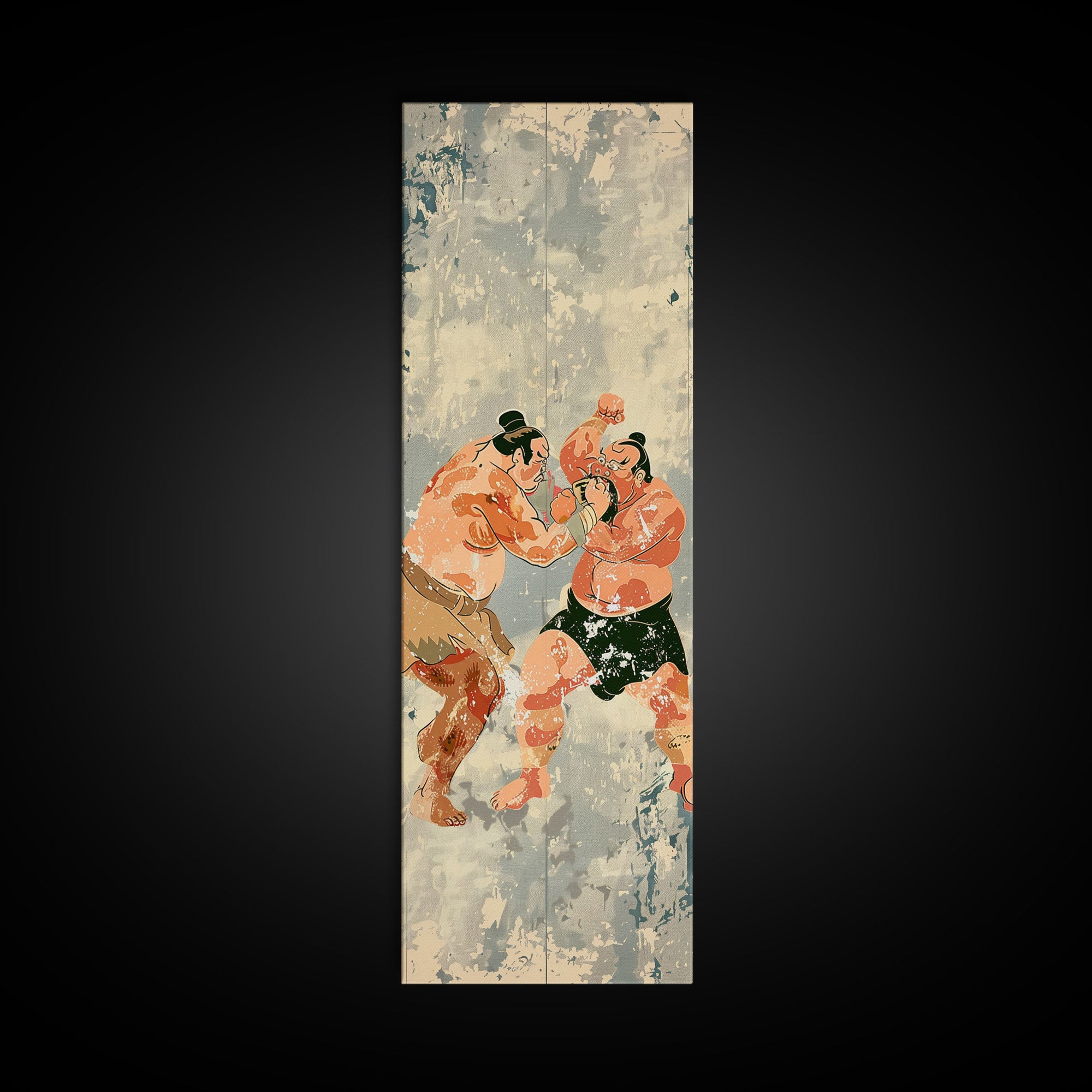 Sumo Wrestlers in Action Skinny Ukiyo-e Art Tall Framed Canvas Print with Japanese Cultural Heritage