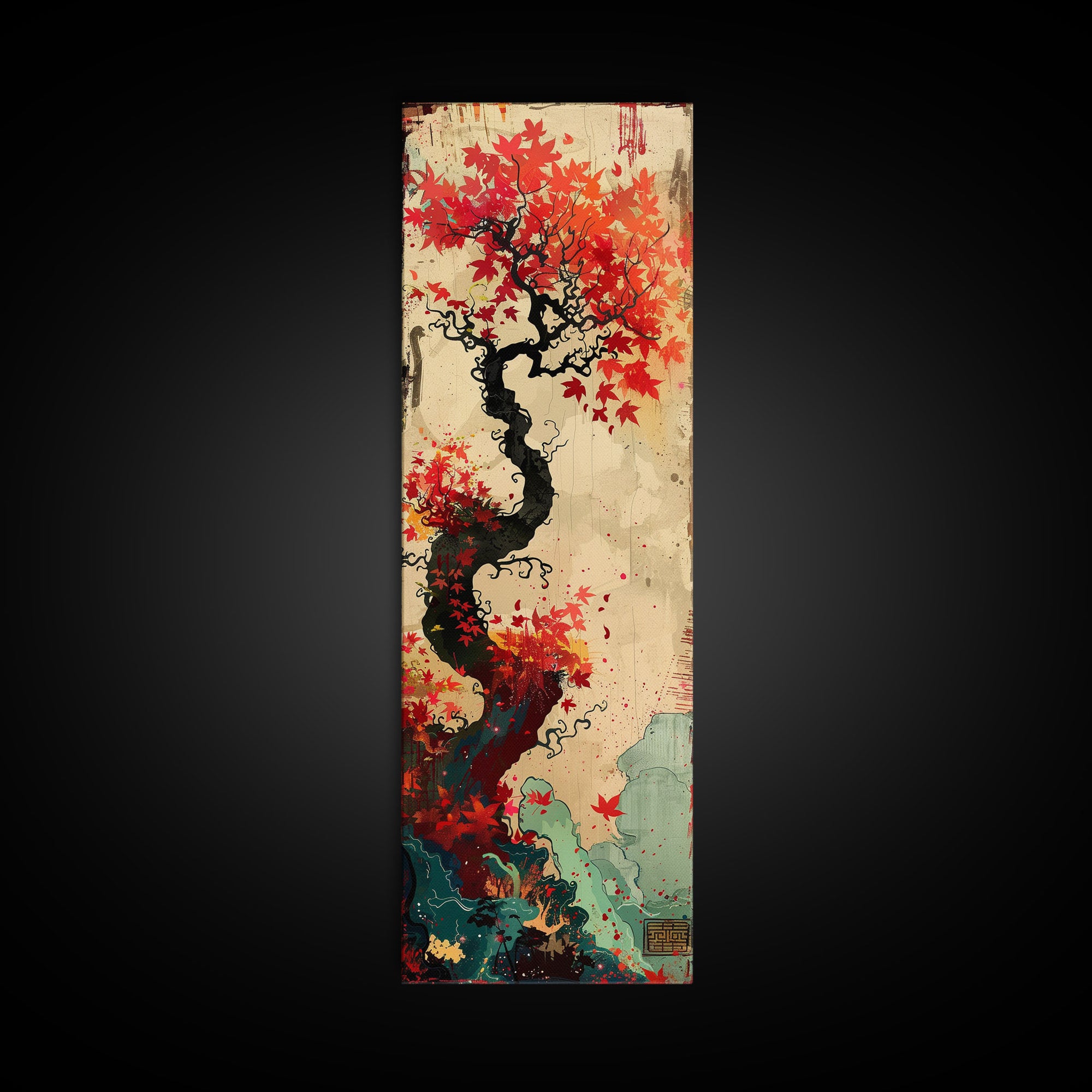 Twisted Tree with Red Maple Leaves Skinny Art Ukiyo-e Japanese Framed Canvas Print in Autumn Colors