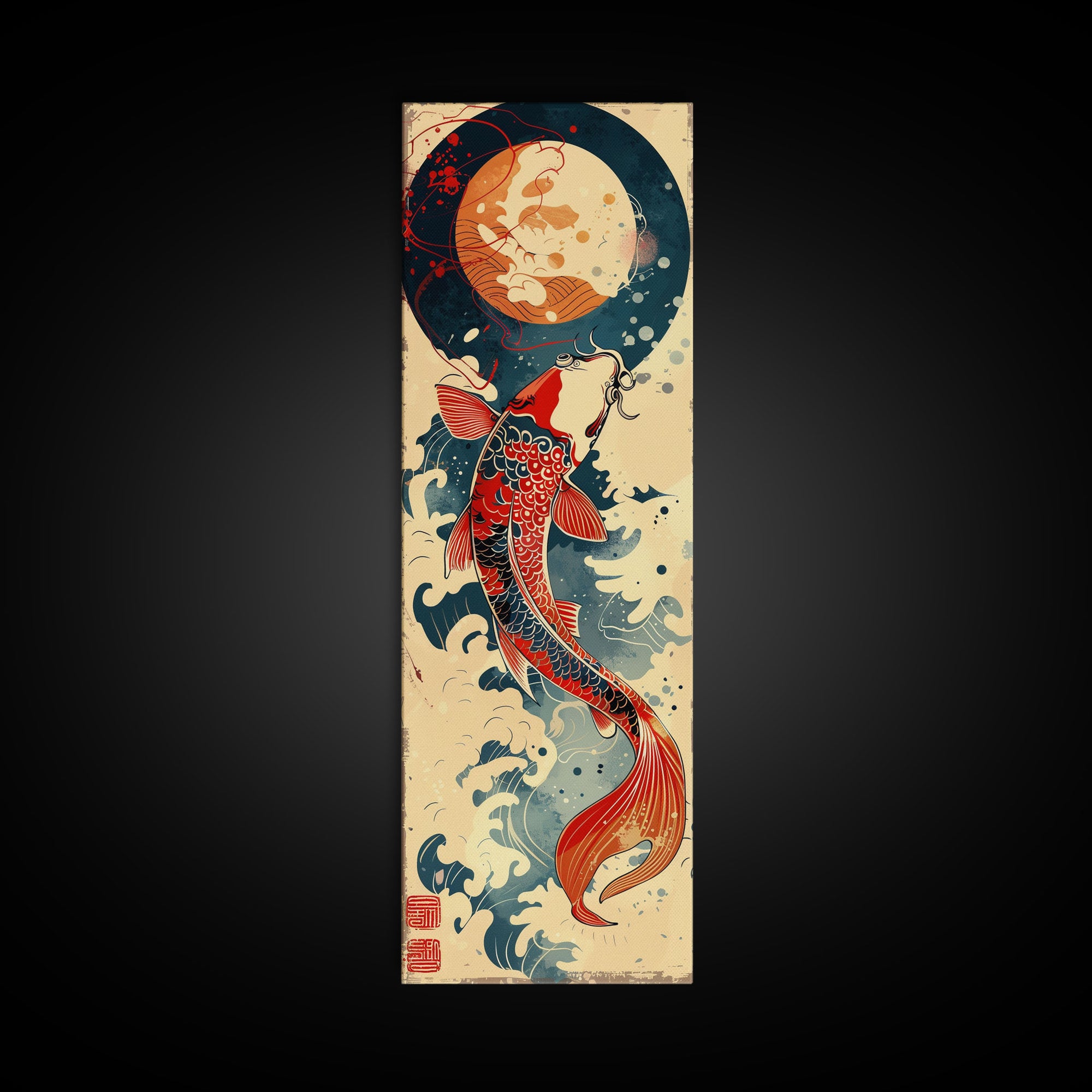 Vibrant Koi Fish Swimming Toward the Moon Skinny Art Ukiyo-e Tall Framed Canvas Print with Japanese Mythology Elements