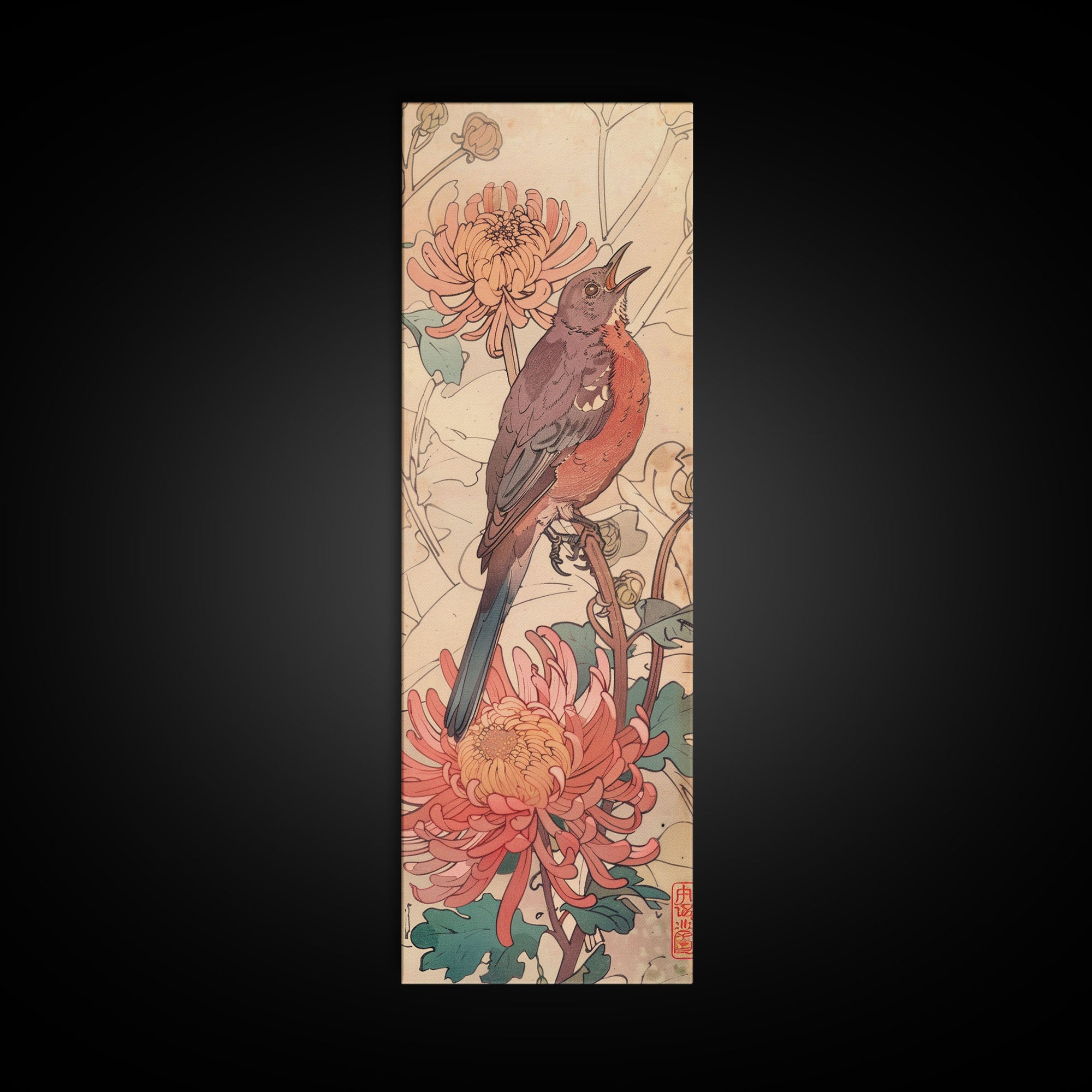 Singing Bird Amid Chrysanthemums Soft Pastels Skinny Art Tall Art Framed Canvas Print Japanese Style Art Ukiyo-e Art Wood Block Print Floral